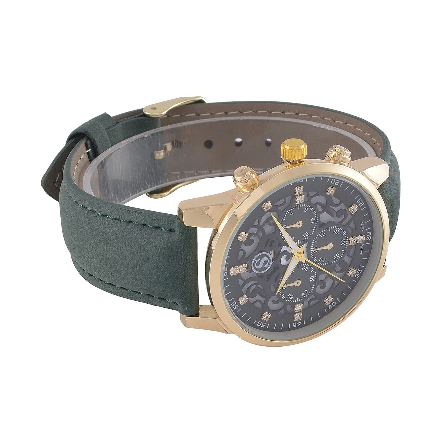 STRADA Multifunction Japanese Movement Crystal Studded 35mm Green Gradient Hollow Literal Dial Gold Overlay Casing With Green Leatherette Strap