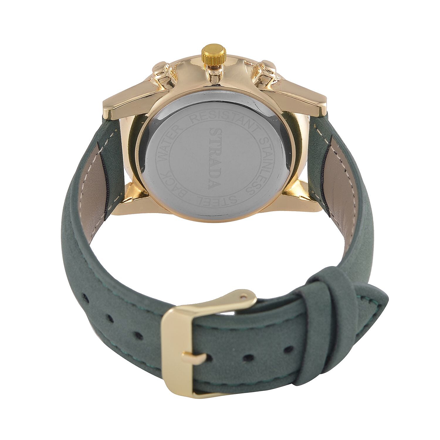 STRADA Multifunction Japanese Movement Crystal Studded 35mm Green Gradient Hollow Literal Dial Gold Overlay Casing With Green Leatherette Strap