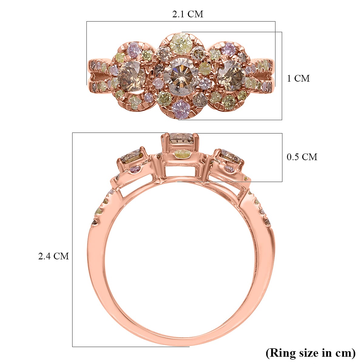 10K Rose Gold Certified Argyle Champagne and Natural Multi Colour Diamond Ring 1.00 Ct.