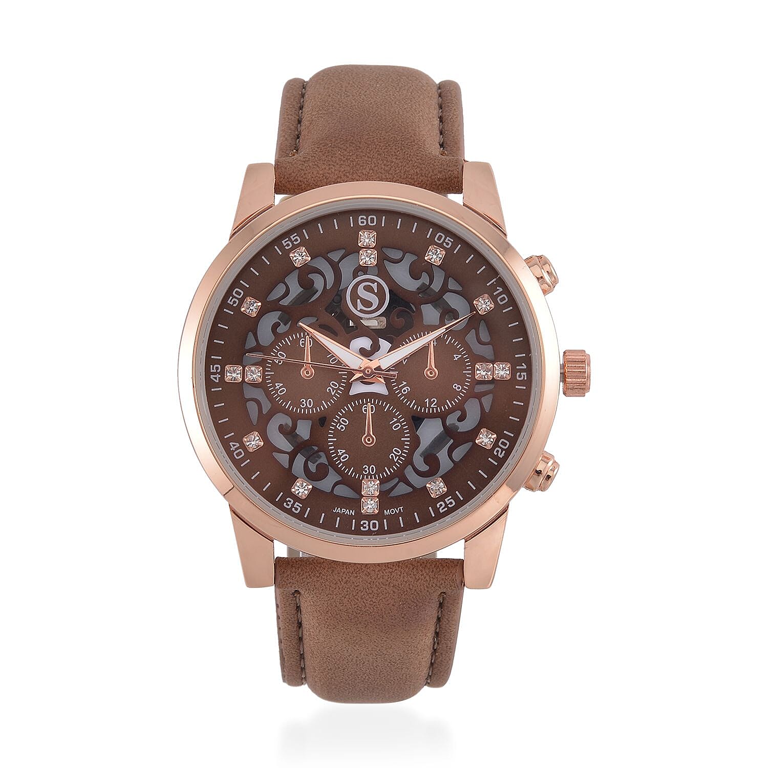 STRADA Multifunction Japanese Movement Crystal Studded 35mm Brown Gradient Hollow Literal Dial Rose Gold Overlay Casing With Brown Leatherette Strap