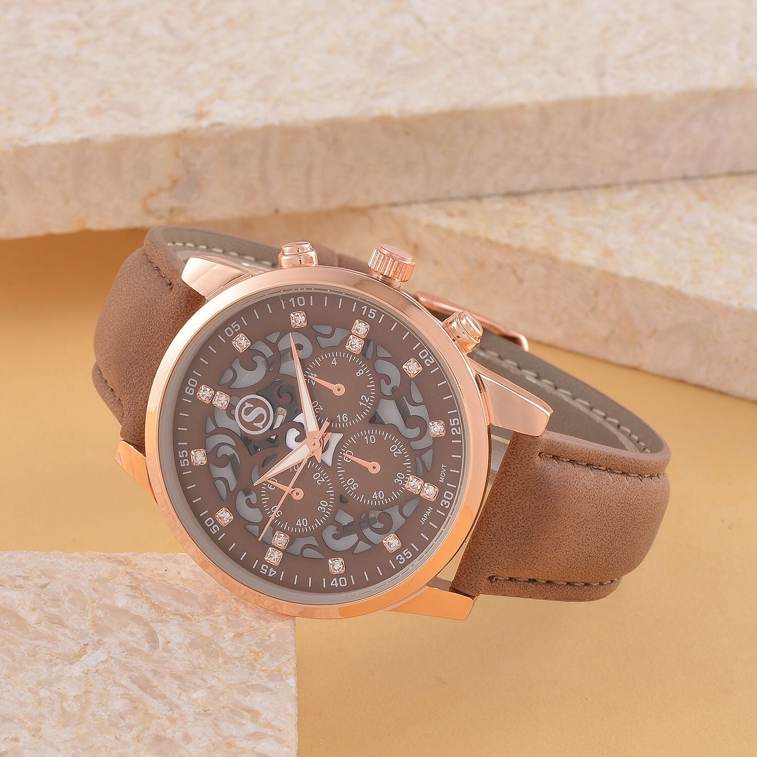 STRADA Multifunction Japanese Movement Crystal Studded 35mm Brown Gradient Hollow Literal Dial Rose Gold Overlay Casing With Brown Leatherette Strap
