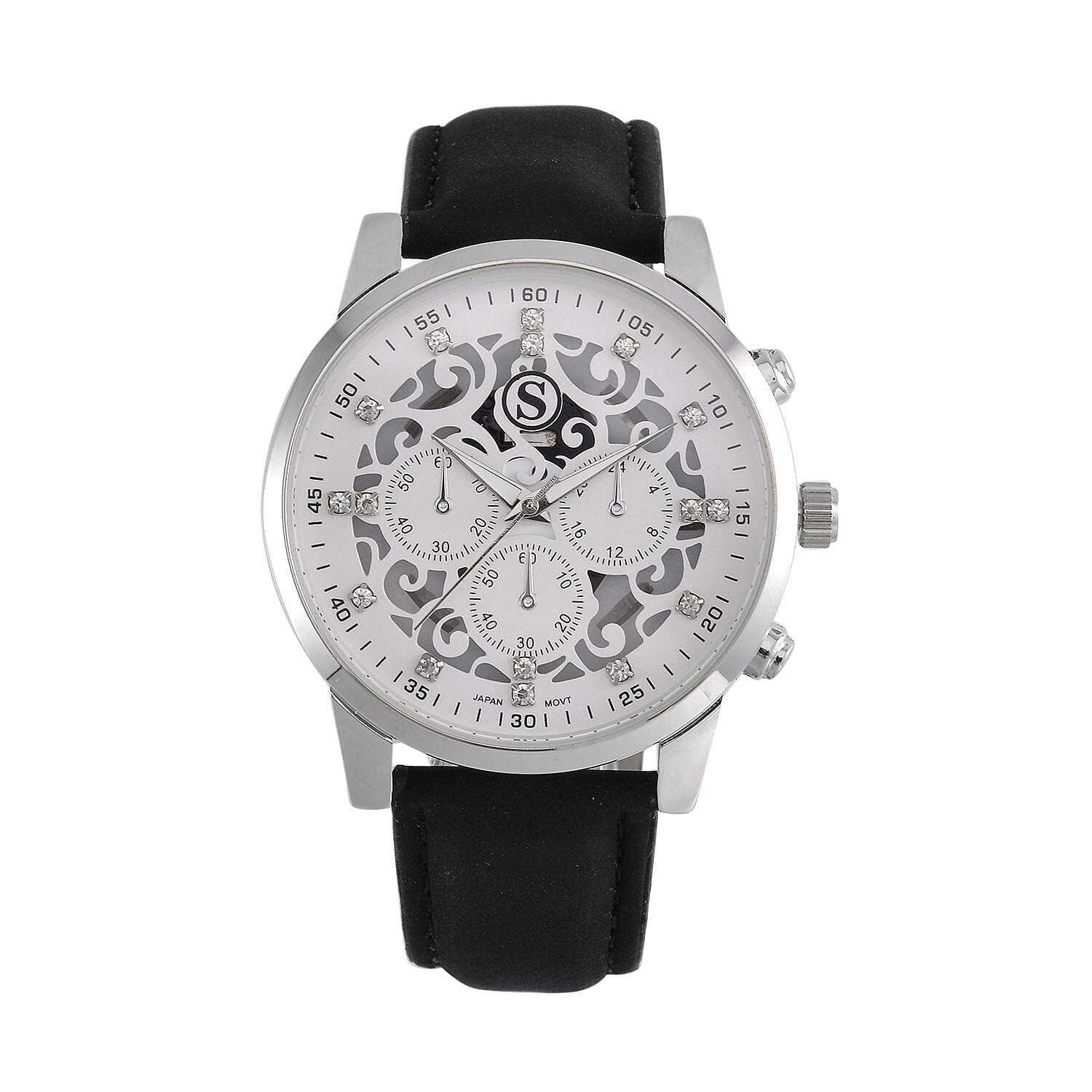 STRADA Multifunction Japanese Movement Crystal Studded 35mm White Gradient Hollow Literal Dial Silver Casing With Black Leatherette Strap