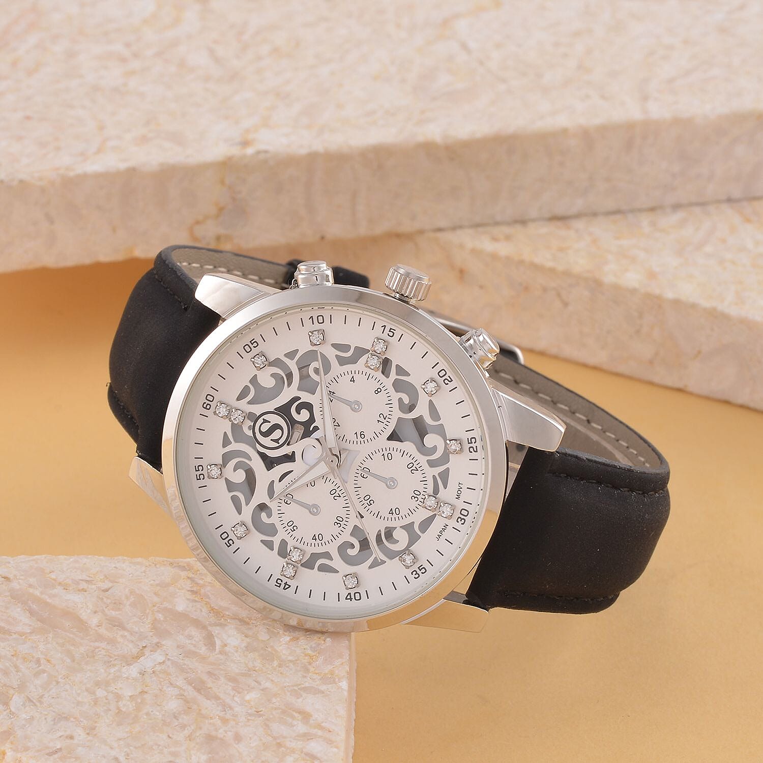STRADA Multifunction Japanese Movement Crystal Studded 35mm White Gradient Hollow Literal Dial Silver Casing With Black Leatherette Strap
