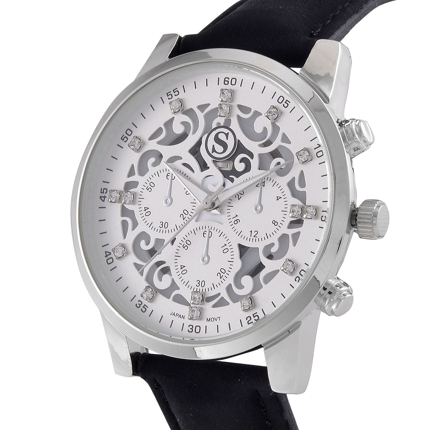 STRADA Multifunction Japanese Movement Crystal Studded 35mm White Gradient Hollow Literal Dial Silver Casing With Black Leatherette Strap