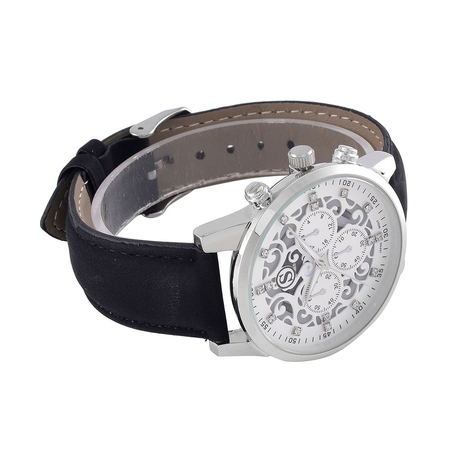 STRADA Multifunction Japanese Movement Crystal Studded 35mm White Gradient Hollow Literal Dial Silver Casing With Black Leatherette Strap