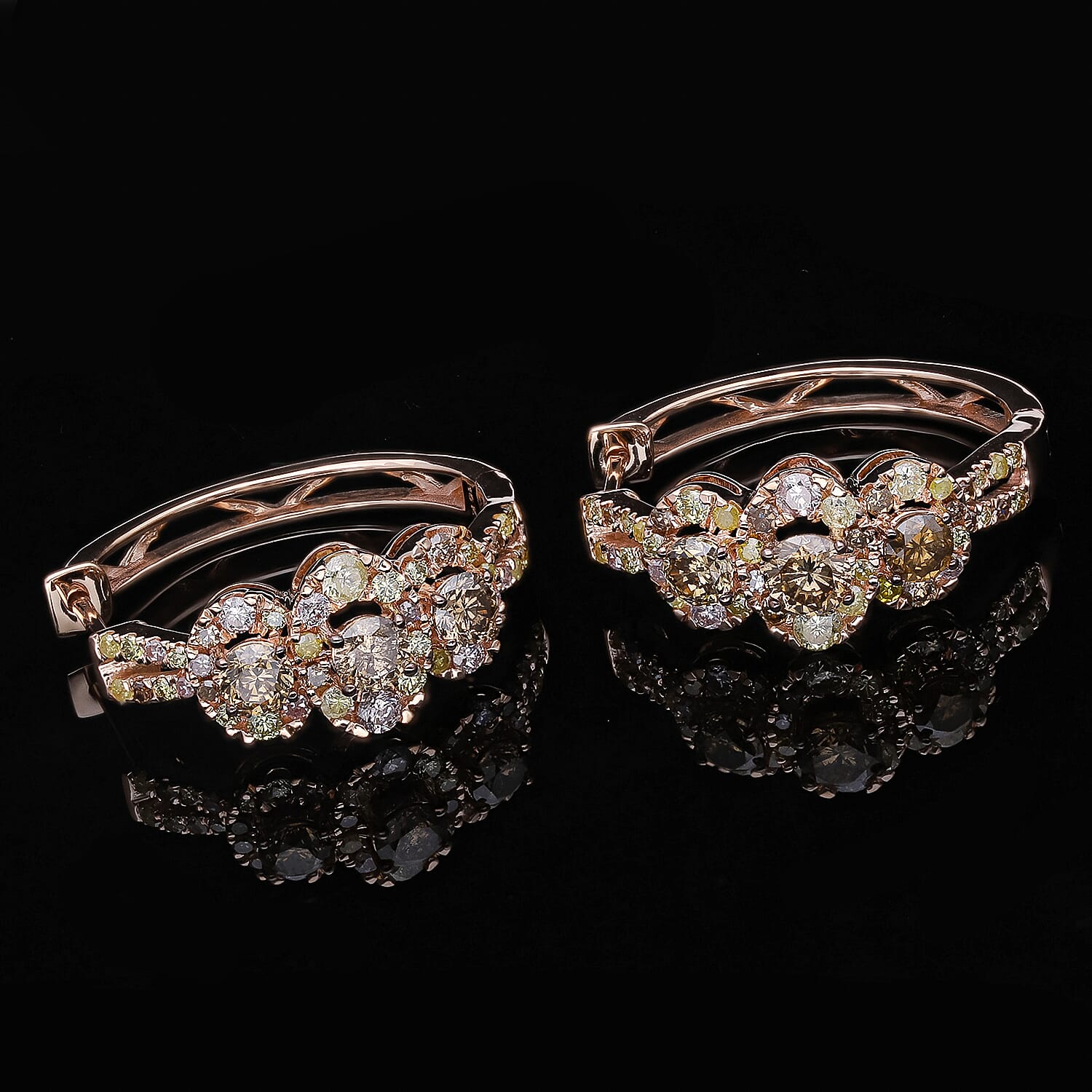 9K Rose Gold SGL Certified Argyle Champagne and Natural Multi Colour Diamond Earrings 2.17 Ct.