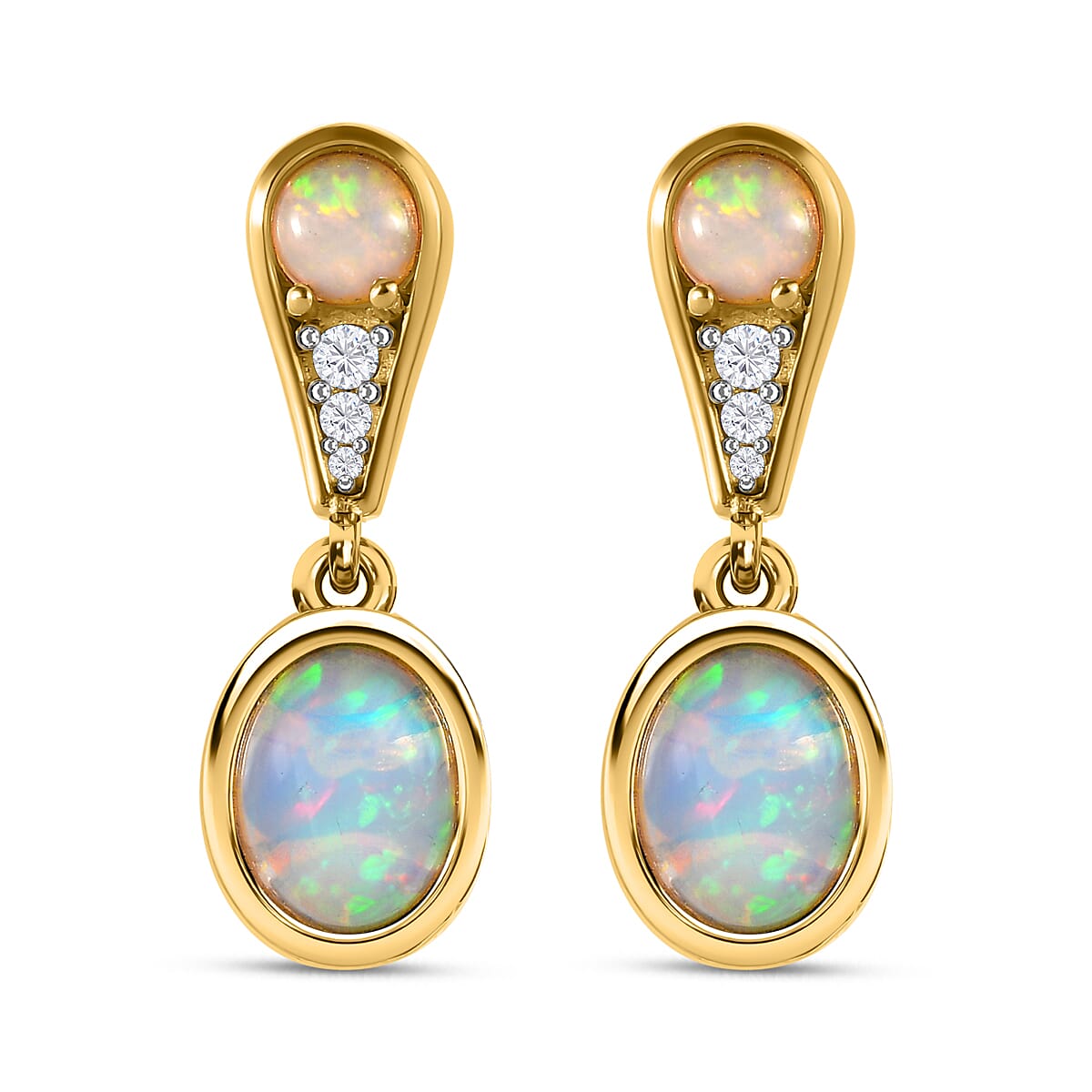 Ethiopian Welo Opal & Natural Zircon Dangle Earrings in 18K Yellow Gold Vermeil Plated Sterling Silver 2.25 Ct.