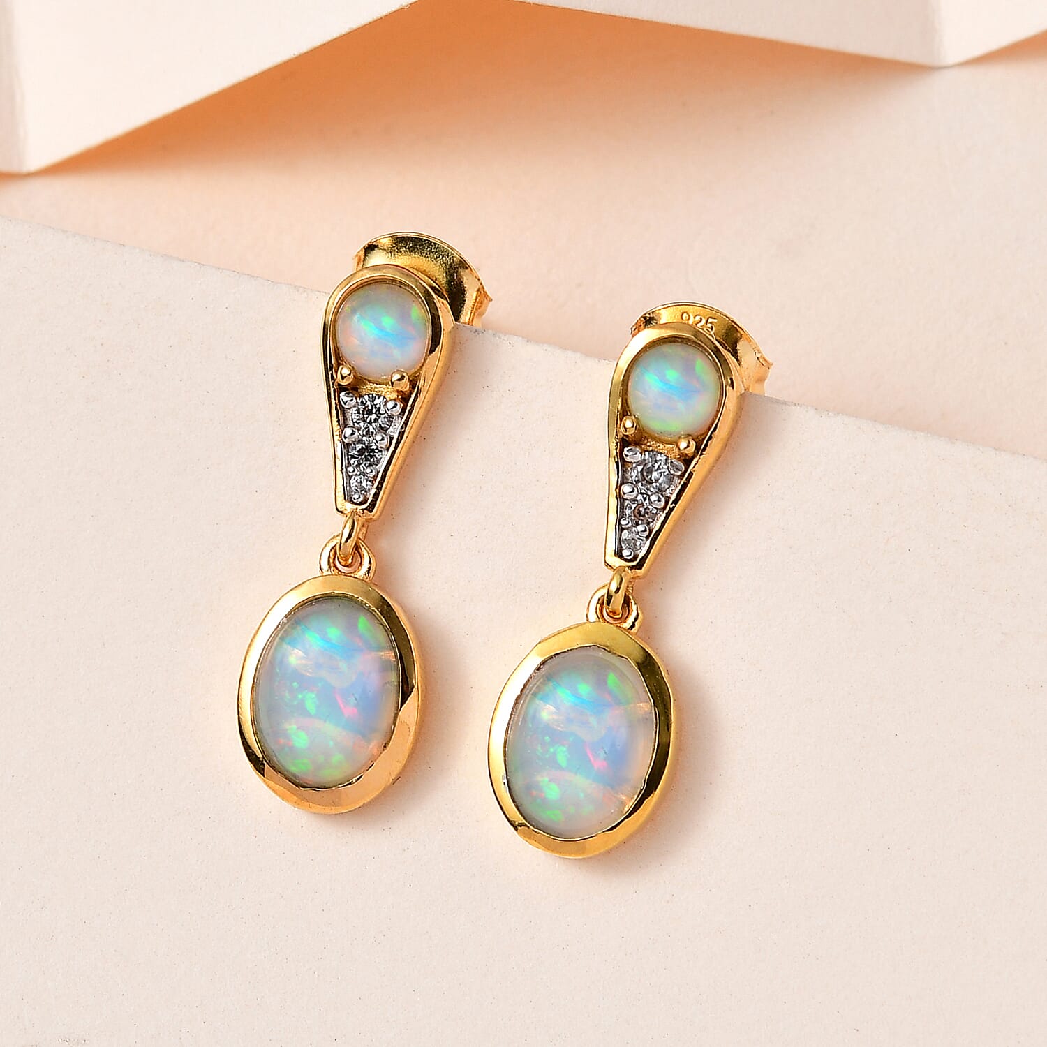 Ethiopian Welo Opal & Natural Zircon Dangle Earrings in 18K Yellow Gold Vermeil Plated Sterling Silver 2.25 Ct.