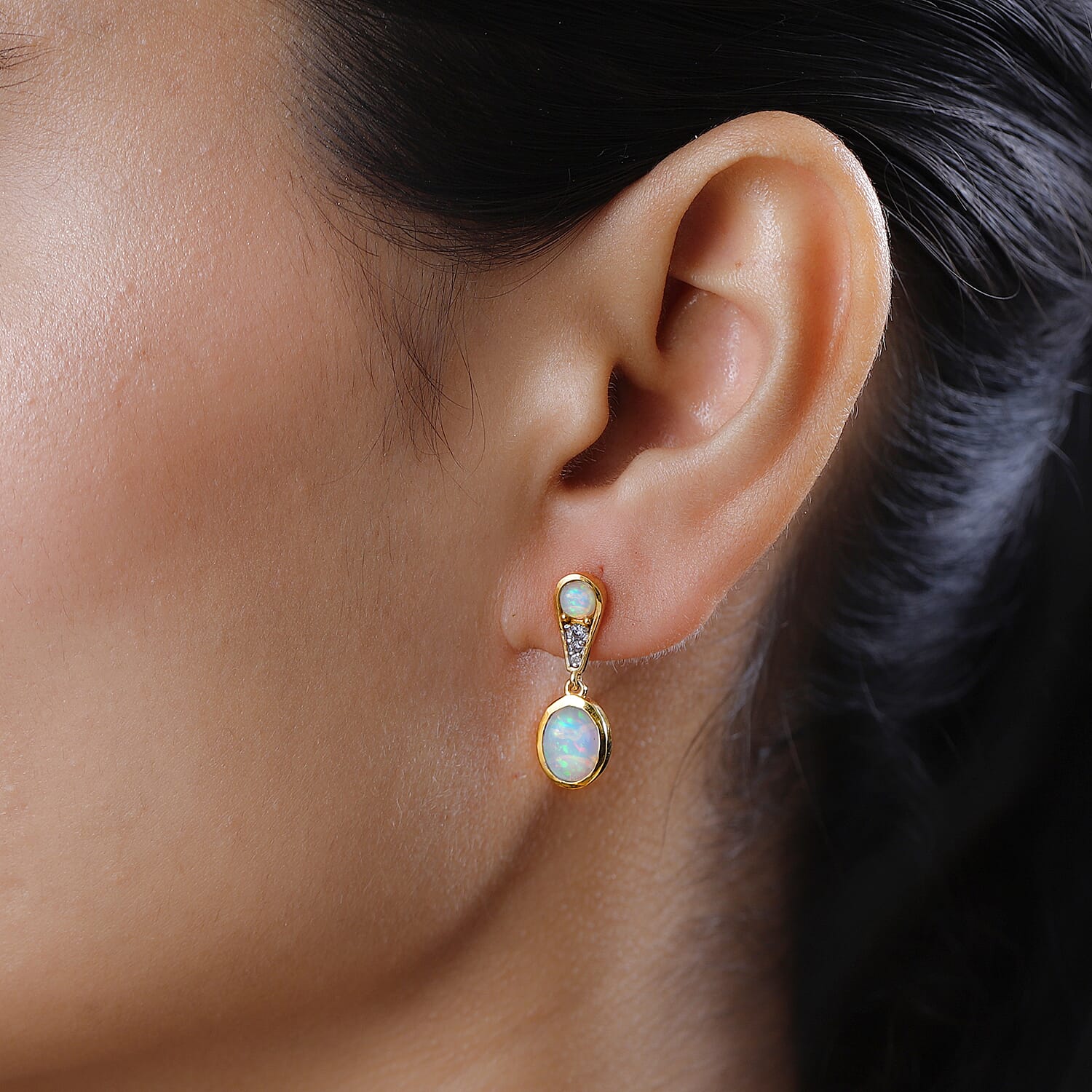 Ethiopian Welo Opal & Natural Zircon Dangle Earrings in 18K Yellow Gold Vermeil Plated Sterling Silver 2.25 Ct.