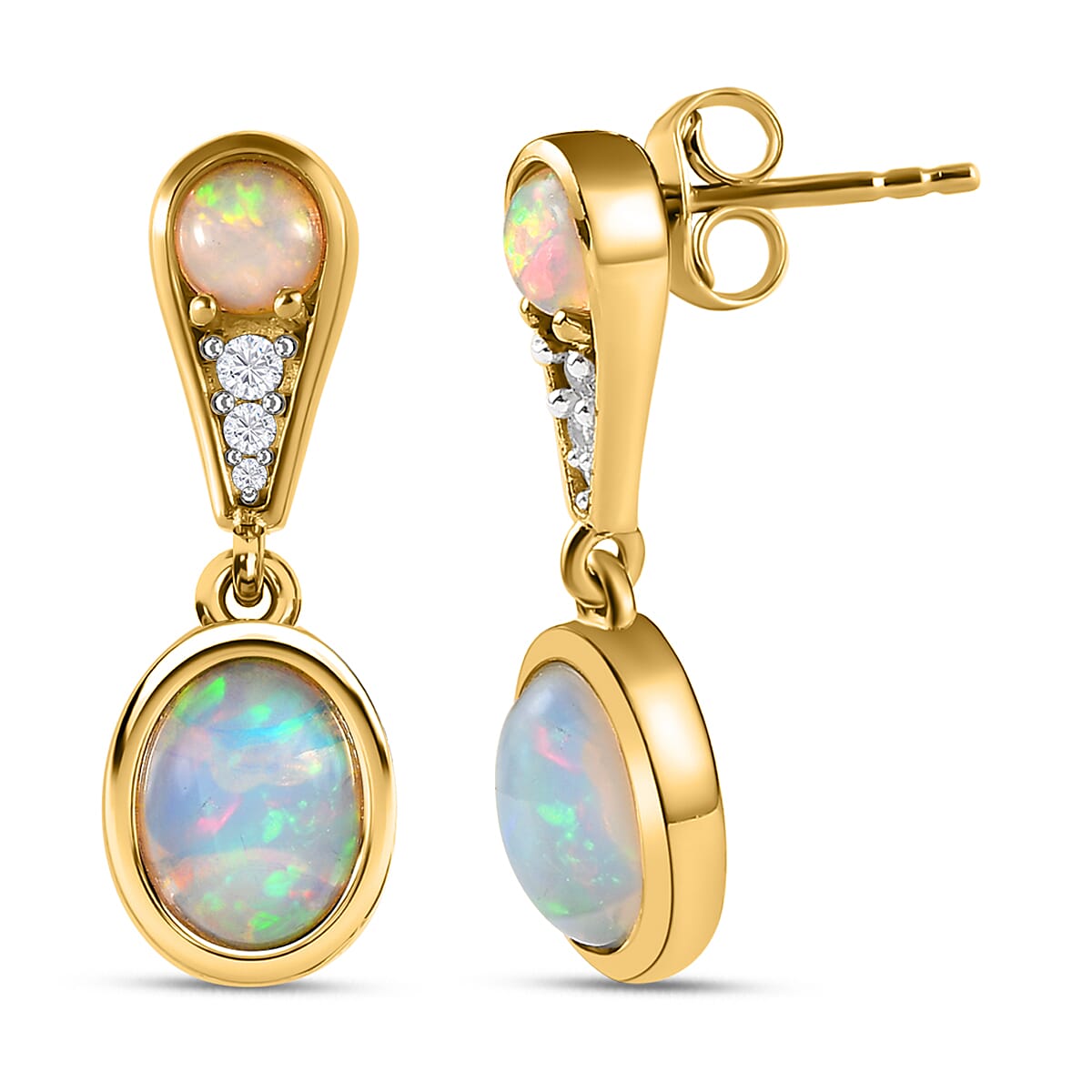Ethiopian Welo Opal & Natural Zircon Dangle Earrings in 18K Yellow Gold Vermeil Plated Sterling Silver 2.25 Ct.
