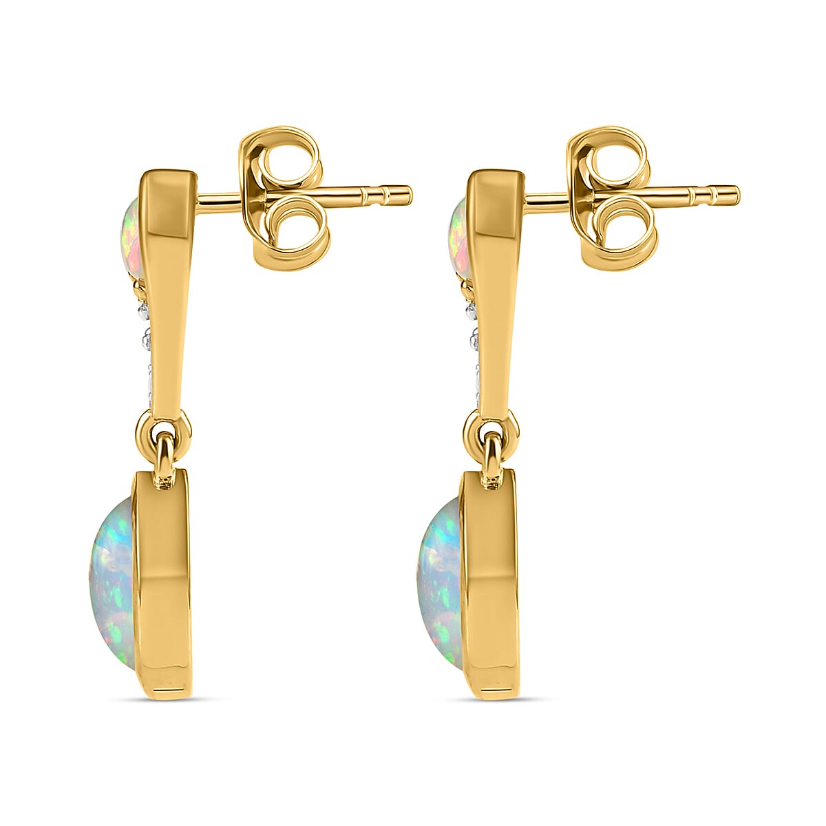 Ethiopian Welo Opal & Natural Zircon Dangle Earrings in 18K Yellow Gold Vermeil Plated Sterling Silver 2.25 Ct.