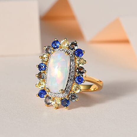 Ethiopian Welo Opal, Multi Sapphire & Natural Zircon Halo Ring in 18K Vermeil Yellow Gold Plated Sterling Silver 3.31 Ct.