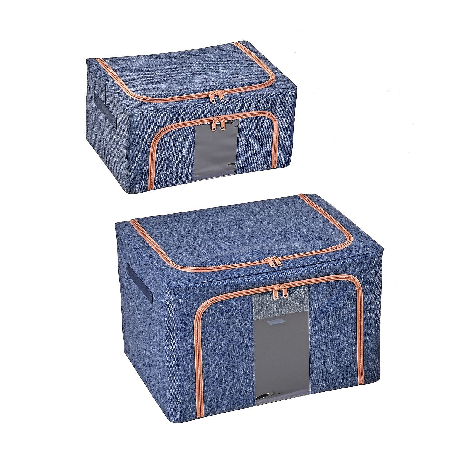 Set of 2 Faux Linen Storage Box with Metal Frame (Size 50x40x32 cm) - Navy