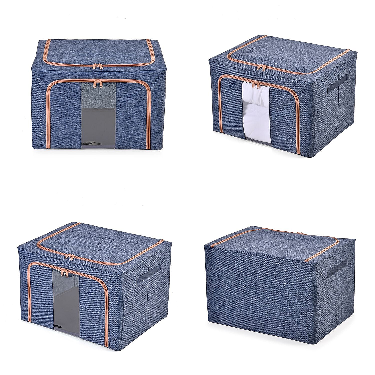Set of 2 Faux Linen Storage Box with Metal Frame (Size 50x40x32 cm) - Navy