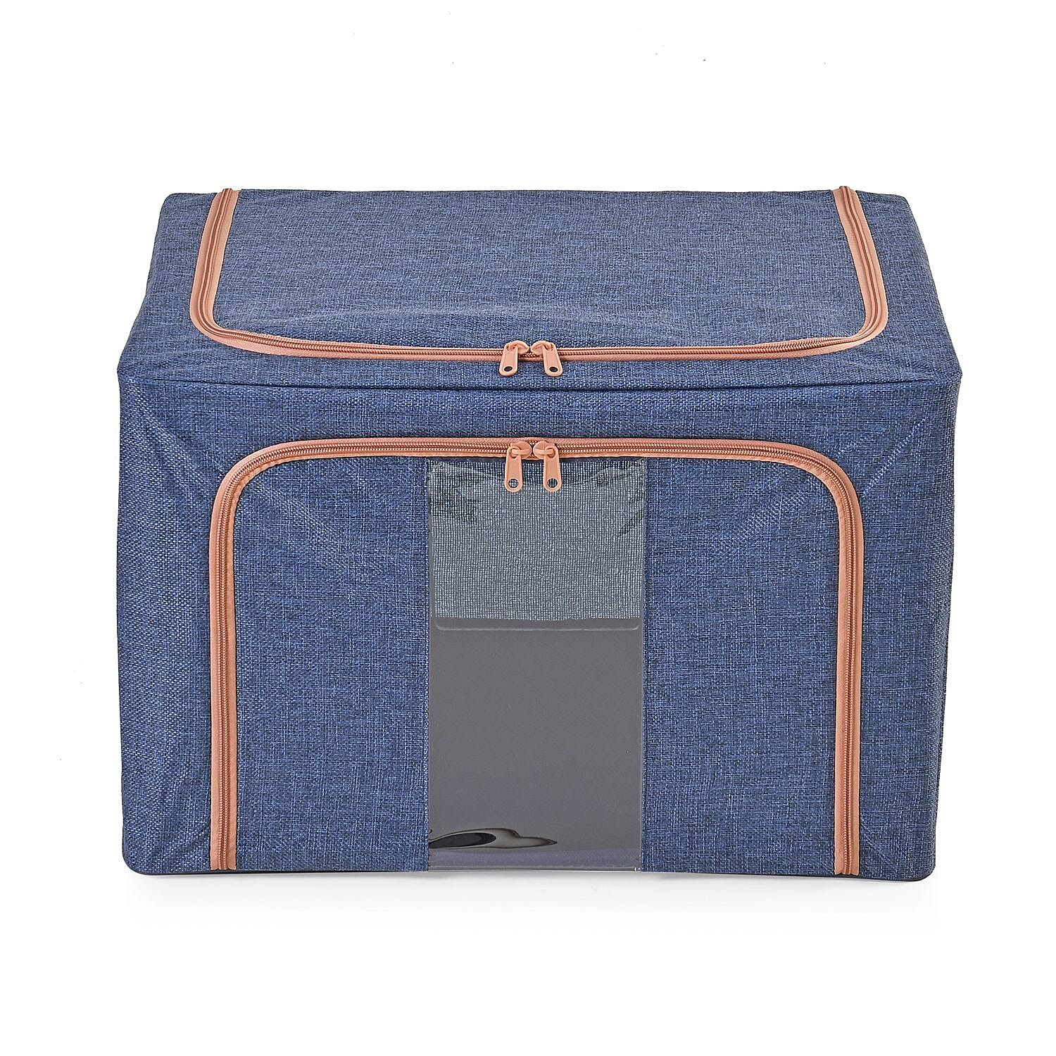 Set of 2 Faux Linen Storage Box with Metal Frame (Size 50x40x32 cm) - Navy