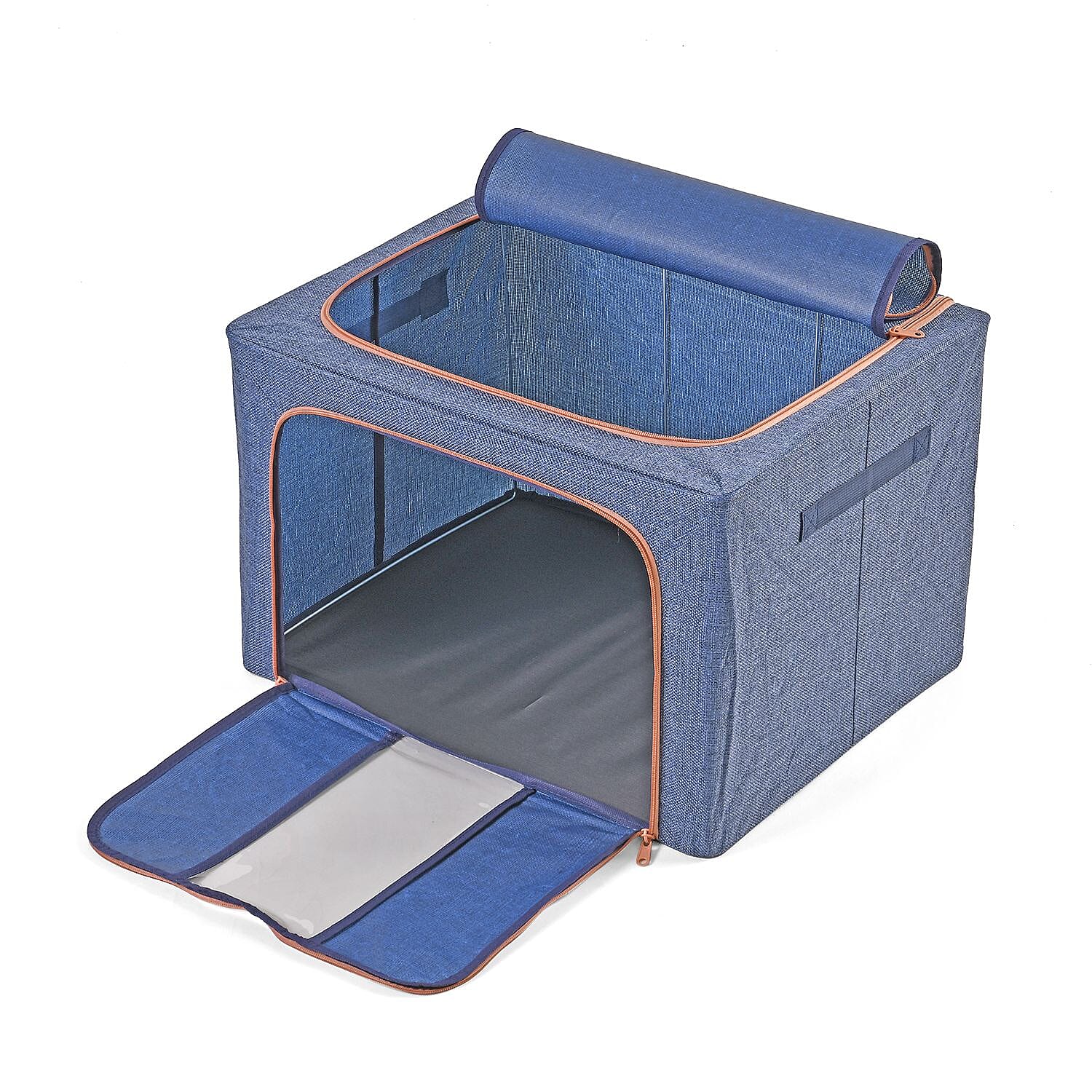 Set of 2 Faux Linen Storage Box with Metal Frame (Size 50x40x32 cm) - Navy