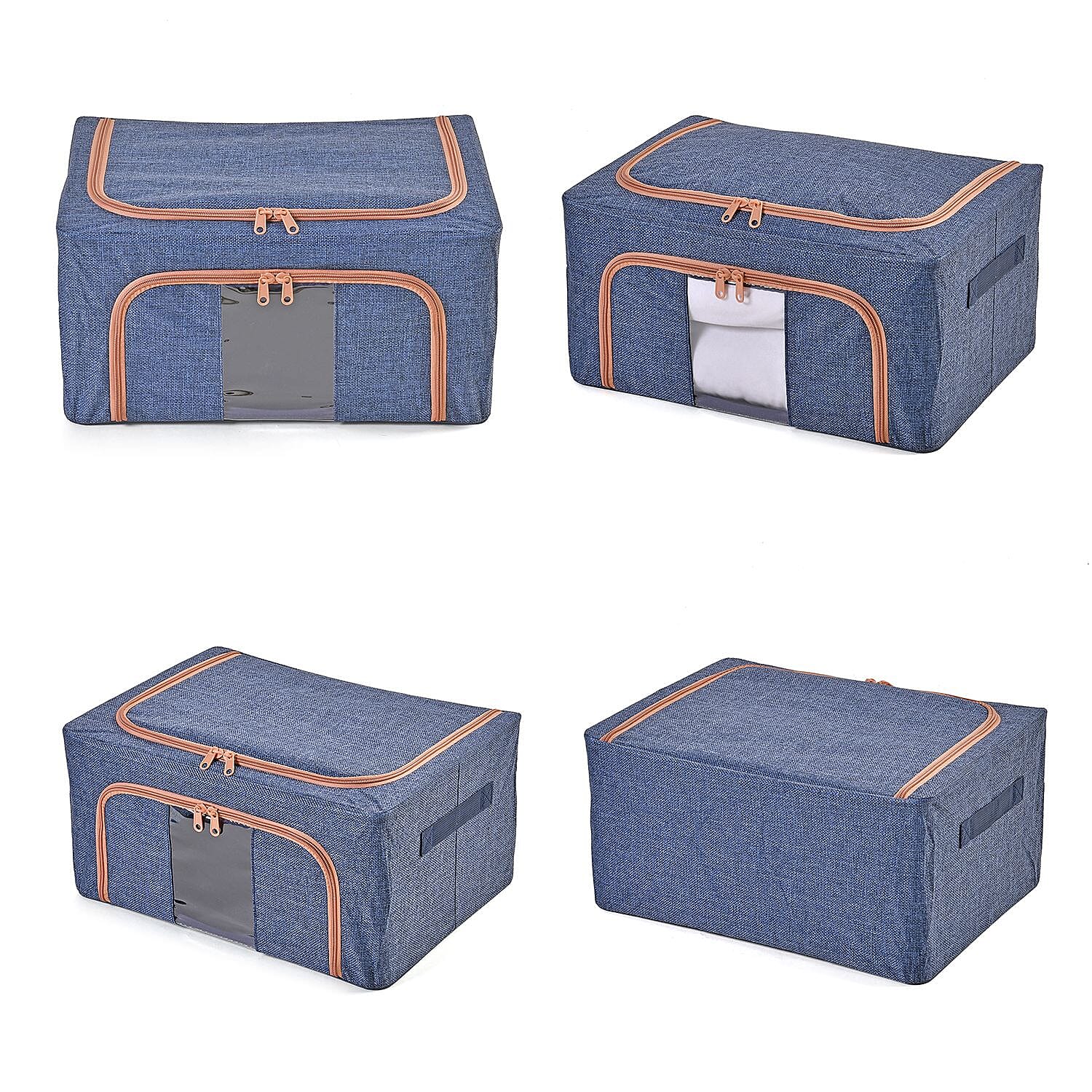 Set of 2 Faux Linen Storage Box with Metal Frame (Size 50x40x32 cm) - Navy