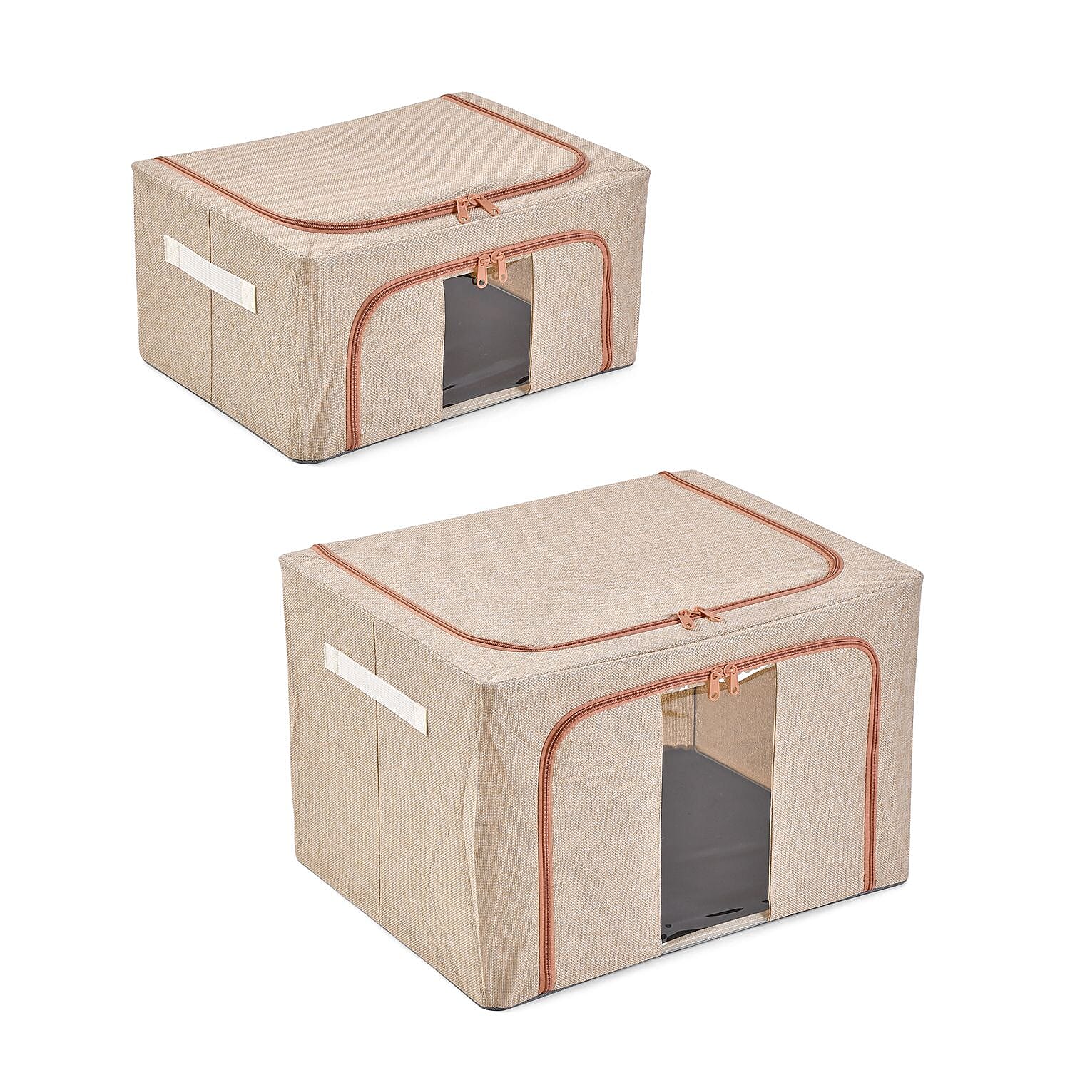 Set of 2 Faux Linen Storage Box with Metal Frame (Size 50x40x32 cm) - Stone