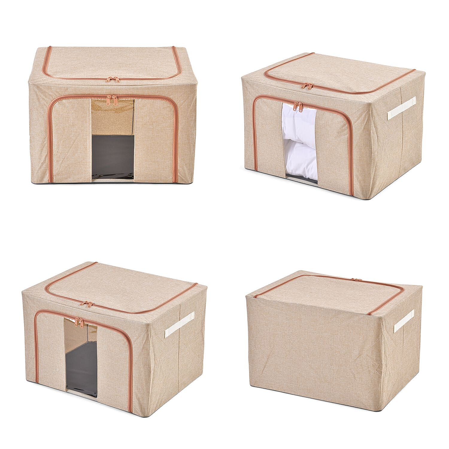 Set of 2 Faux Linen Storage Box with Metal Frame (Size 50x40x32 cm) - Stone