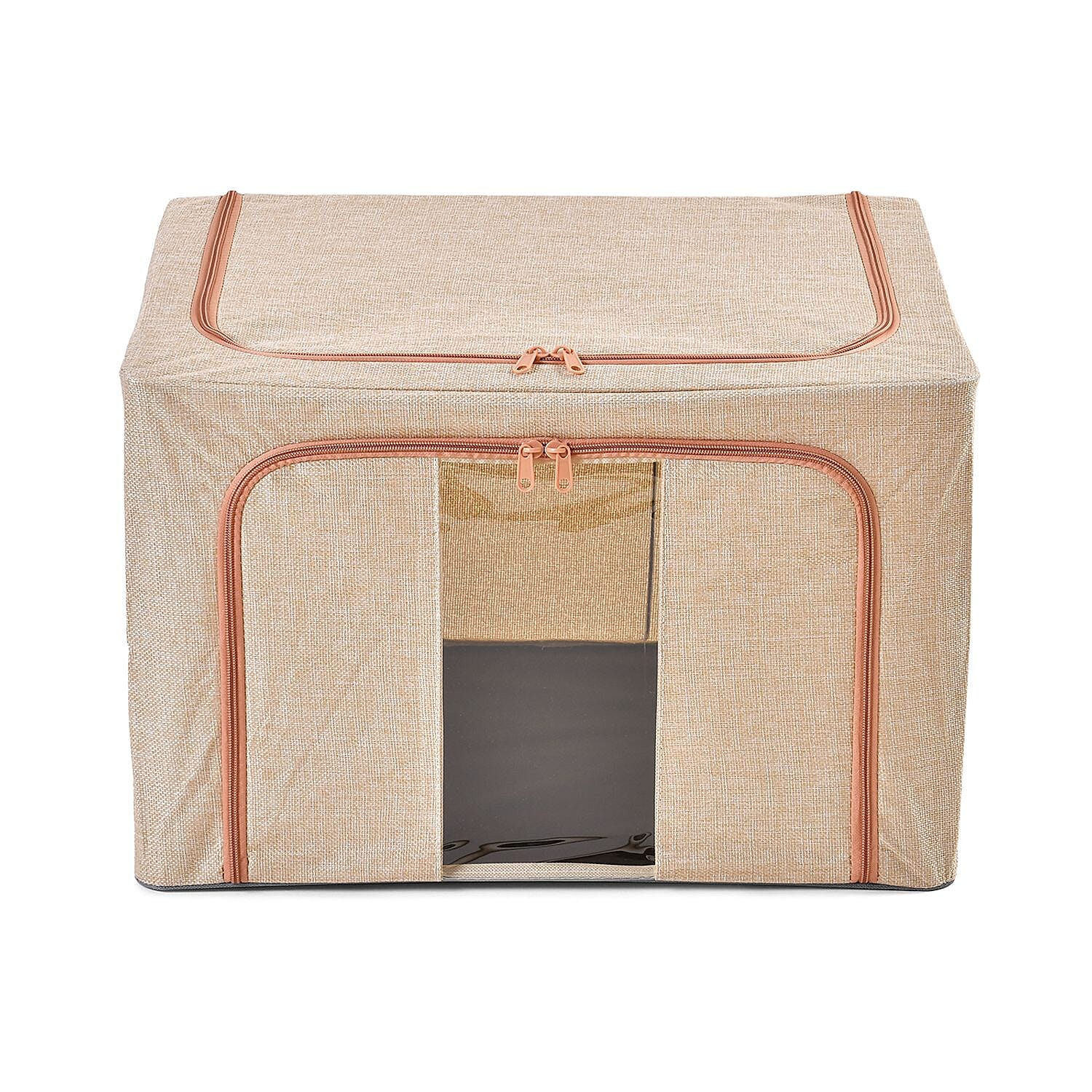 Set of 2 Faux Linen Storage Box with Metal Frame (Size 50x40x32 cm) - Stone