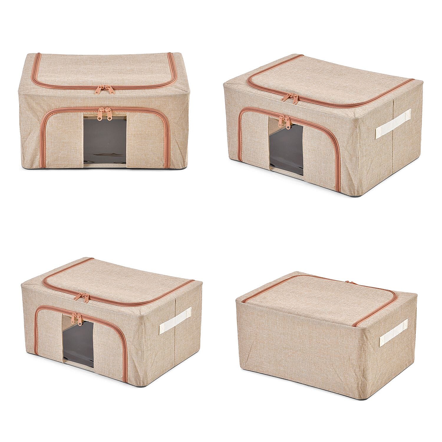 Set of 2 Faux Linen Storage Box with Metal Frame (Size 50x40x32 cm) - Stone