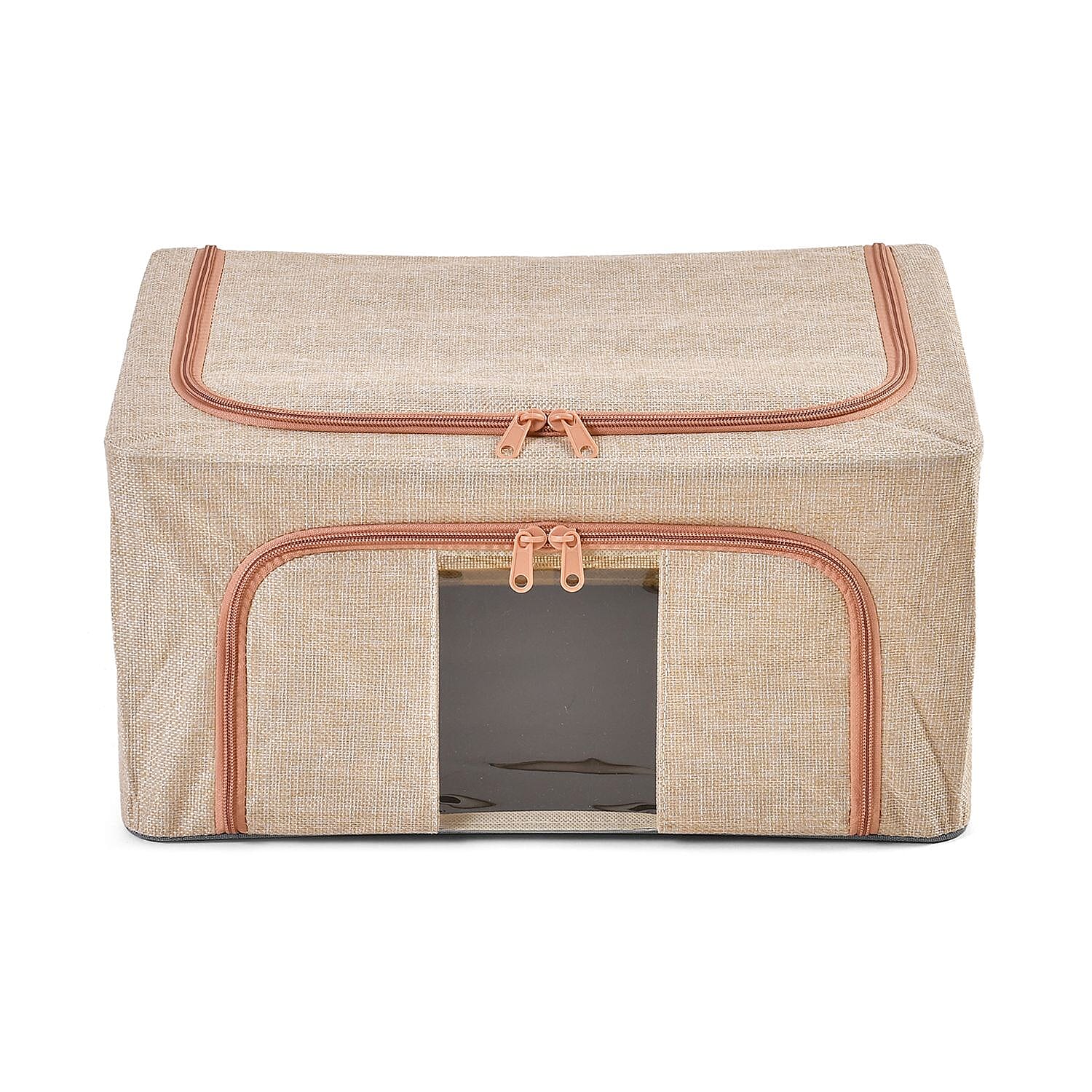 Set of 2 Faux Linen Storage Box with Metal Frame (Size 50x40x32 cm) - Stone