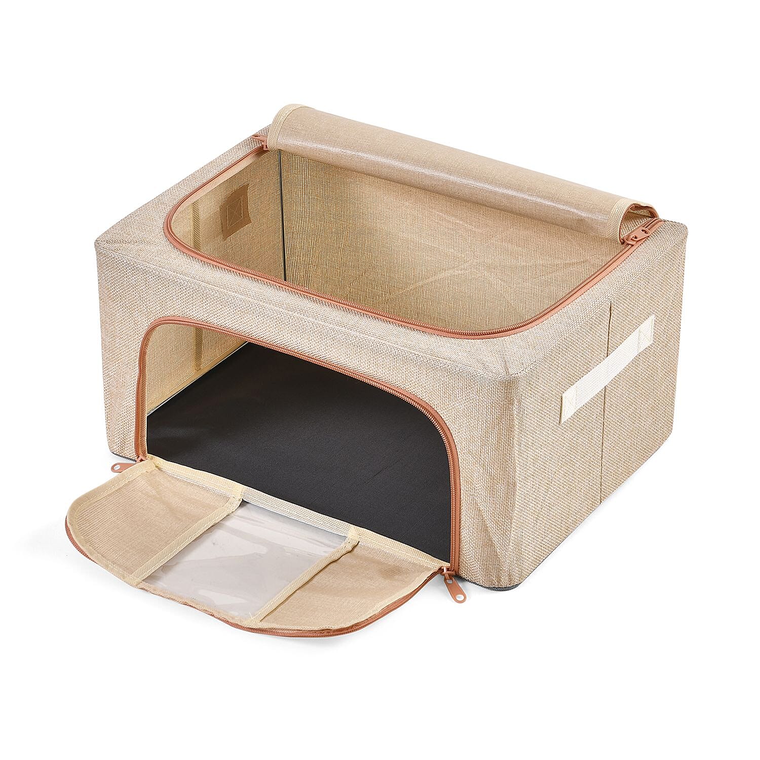 Set of 2 Faux Linen Storage Box with Metal Frame (Size 50x40x32 cm) - Stone