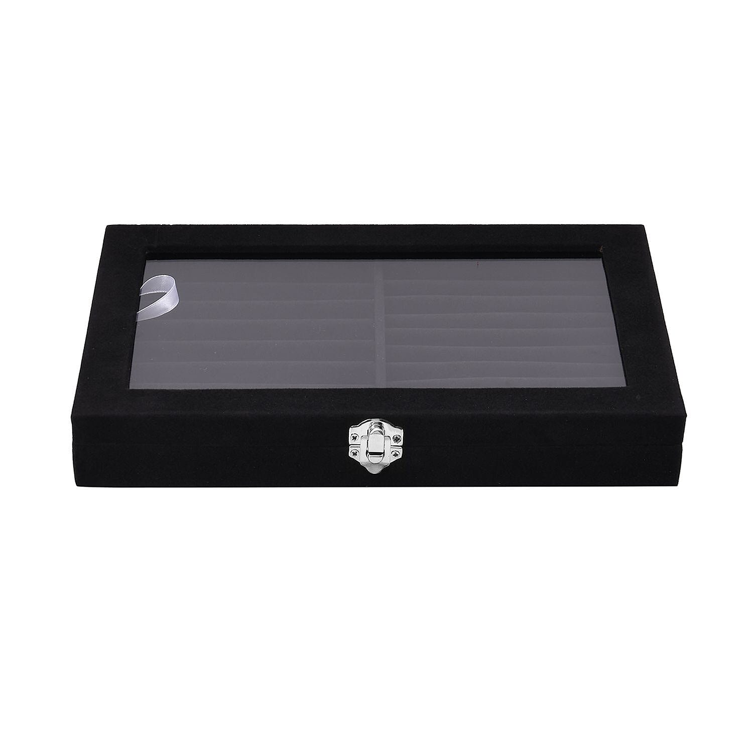  Portable Velvet Ring Box with Glass Window (Half Big & Small Ring Rows) (Size - 29x18x4 cm) - Black