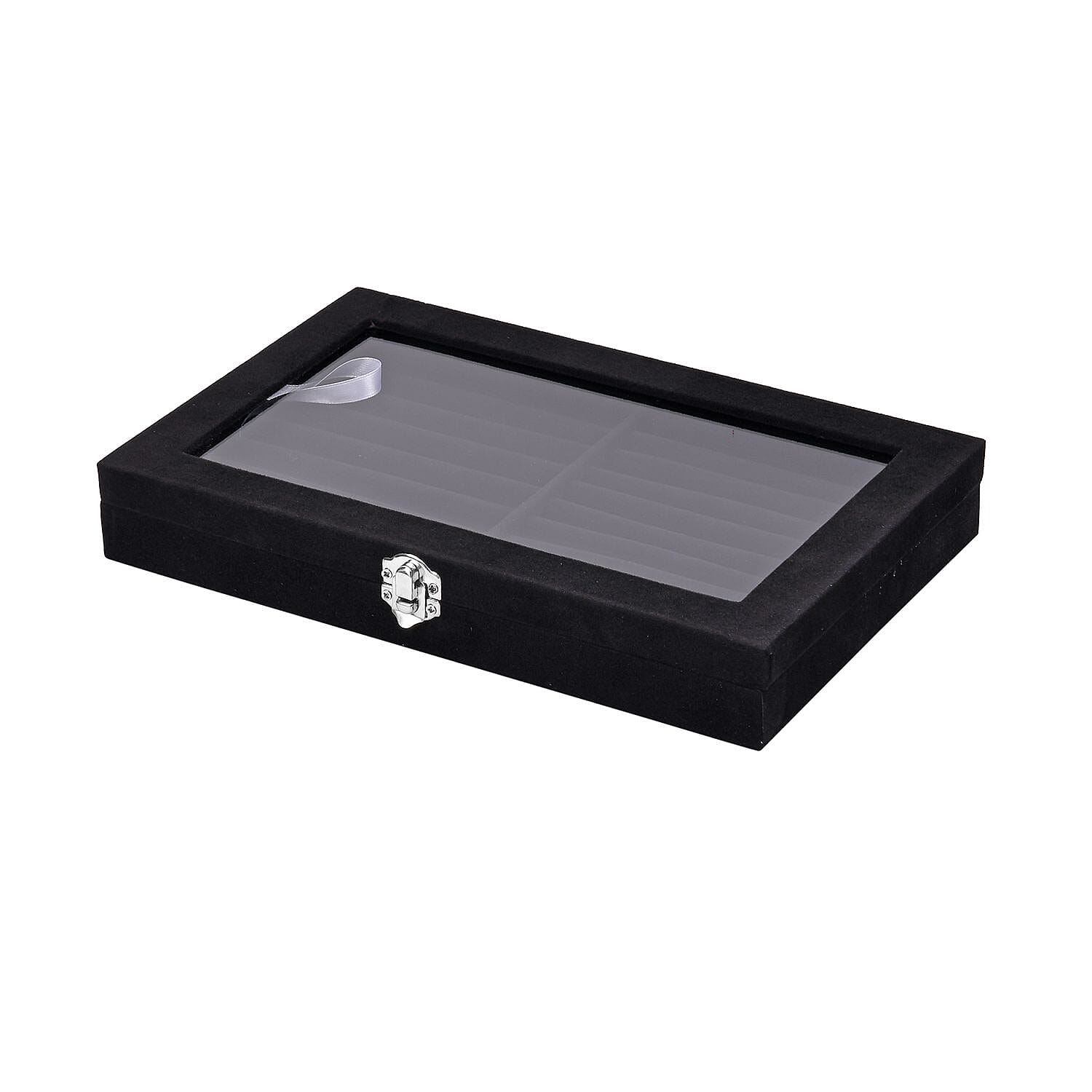  Portable Velvet Ring Box with Glass Window (Half Big & Small Ring Rows) (Size - 29x18x4 cm) - Black