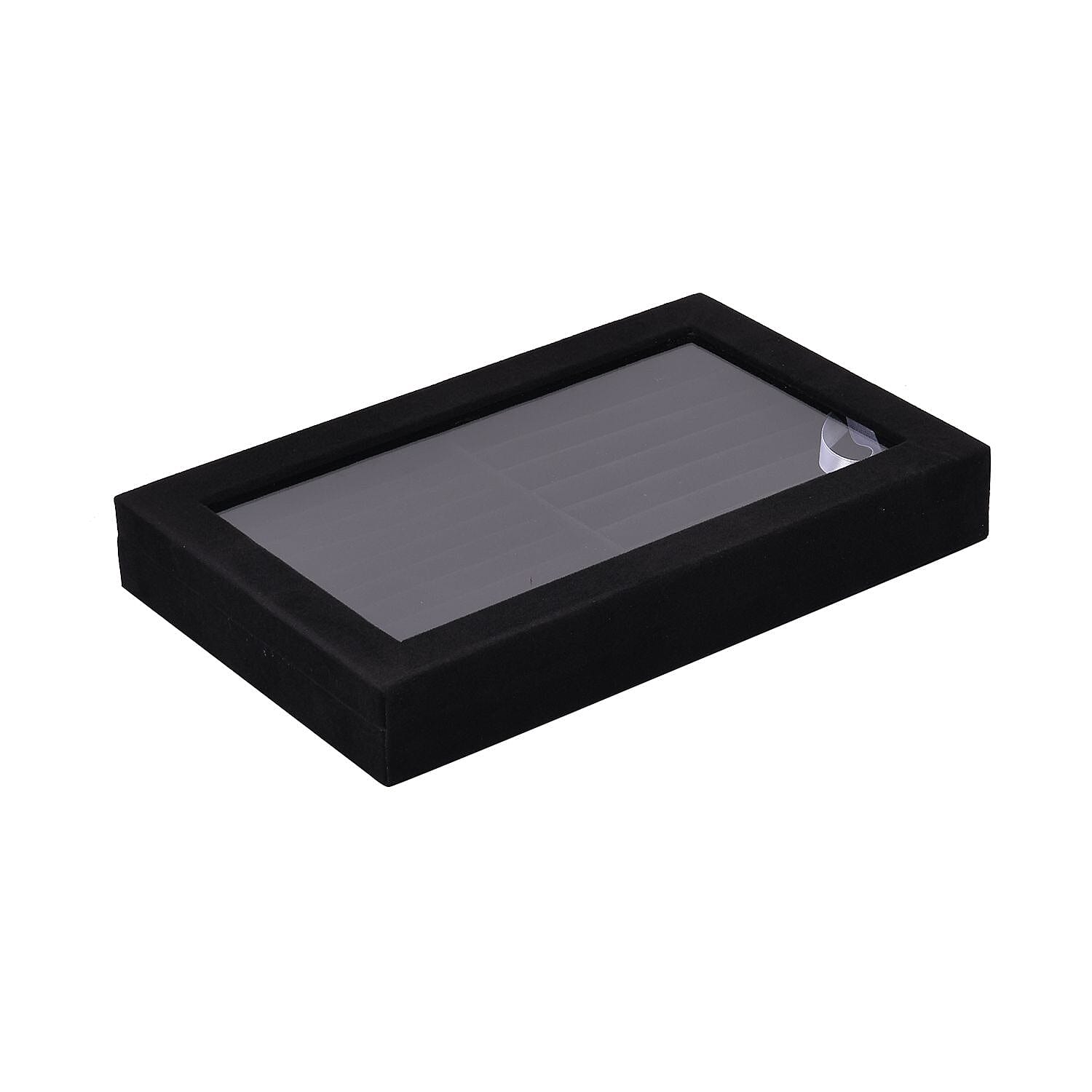  Portable Velvet Ring Box with Glass Window (Half Big & Small Ring Rows) (Size - 29x18x4 cm) - Black