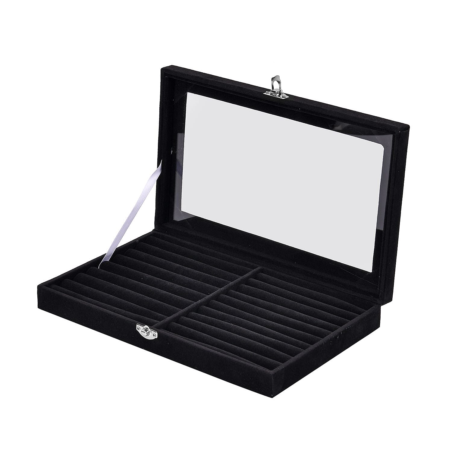  Portable Velvet Ring Box with Glass Window (Half Big & Small Ring Rows) (Size - 29x18x4 cm) - Black