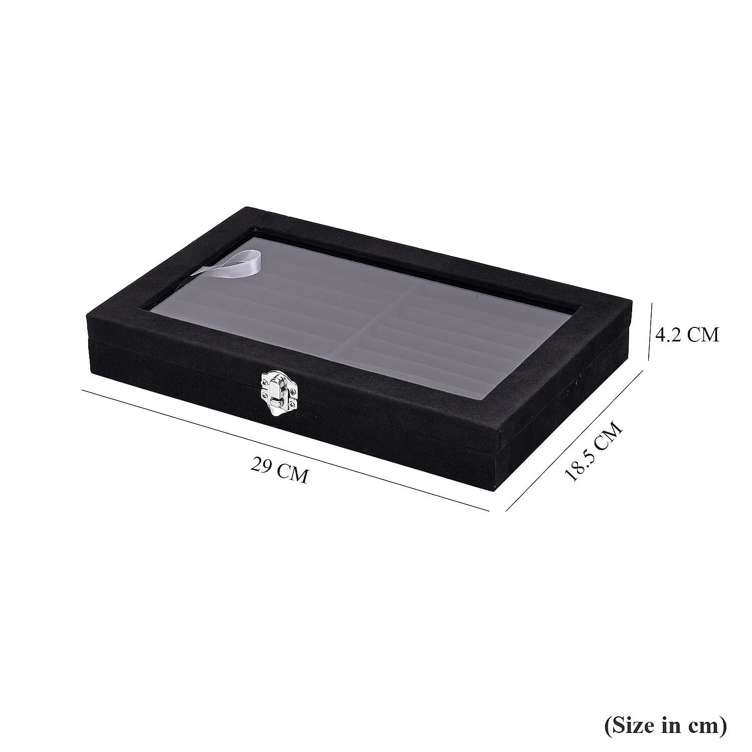  Portable Velvet Ring Box with Glass Window (Half Big & Small Ring Rows) (Size - 29x18x4 cm) - Black