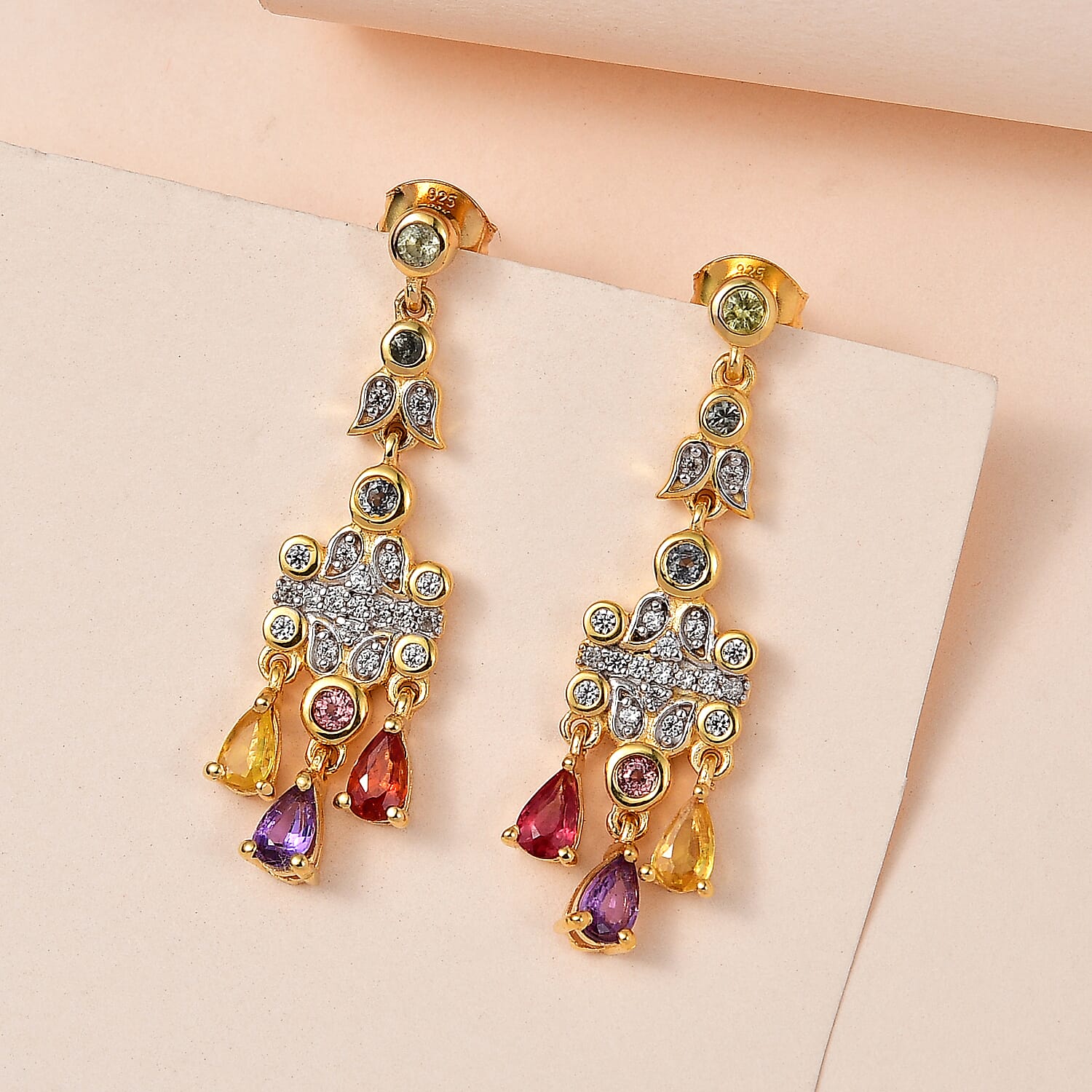 Multi Sapphire and Natural Zircon Dangle Earrings in Vermeil Yellow Gold Plated Sterling Silver 2.23 Ct, Silver Wt. 5.00 Gms