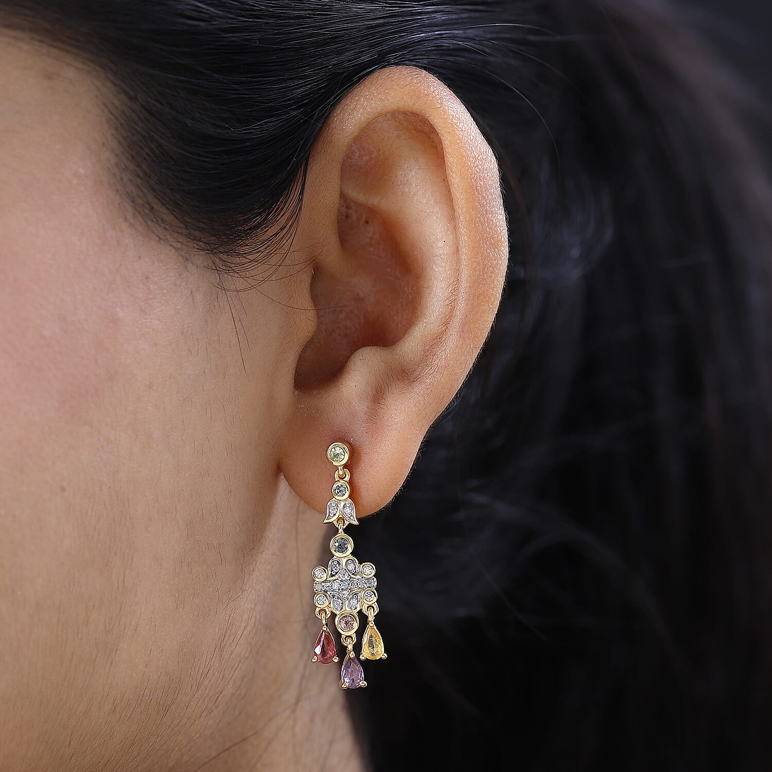 Multi Sapphire and Natural Zircon Dangle Earrings in Vermeil Yellow Gold Plated Sterling Silver 2.23 Ct, Silver Wt. 5.00 Gms