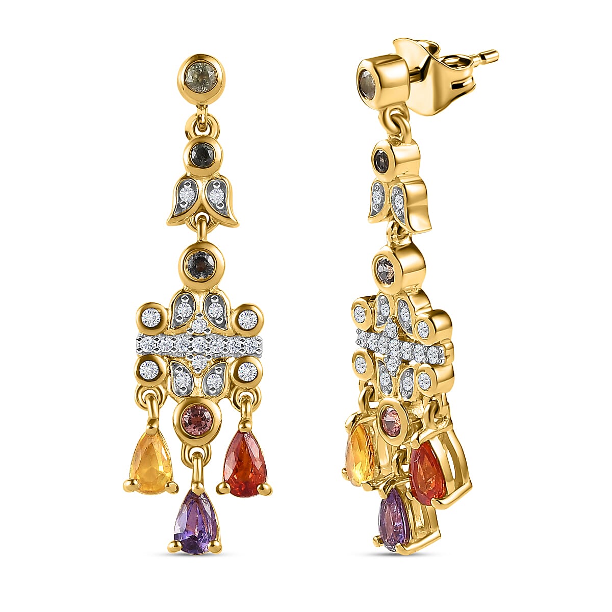 Multi Sapphire and Natural Zircon Dangle Earrings in Vermeil Yellow Gold Plated Sterling Silver 2.23 Ct, Silver Wt. 5.00 Gms