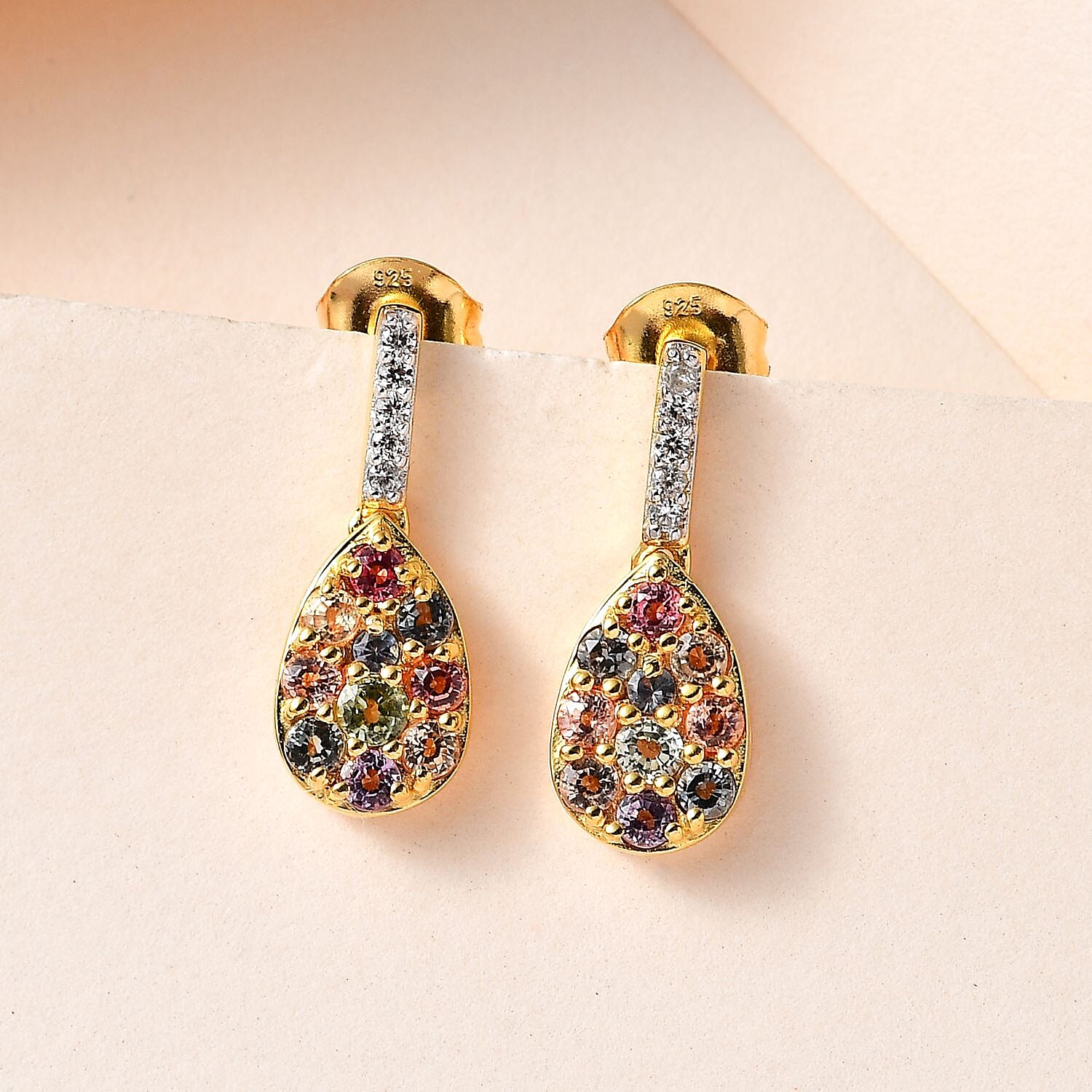 Multi Sapphire and Natural Zircon Earrings in 18K Yellow Gold Vermeil Plated Sterling Silver 1.41 Ct.