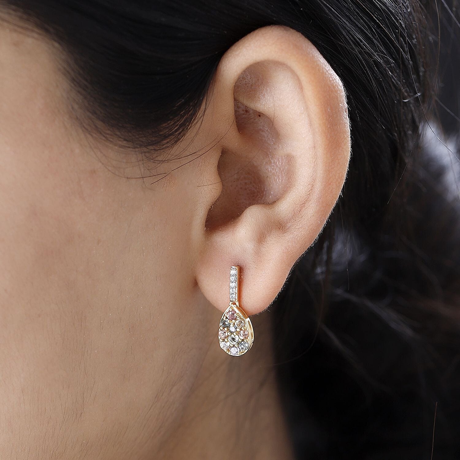 Multi Sapphire and Natural Zircon Earrings in 18K Yellow Gold Vermeil Plated Sterling Silver 1.41 Ct.