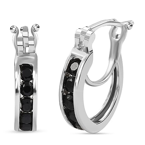 Boi Ploi Black Spinel Hoop Earrings with Clasp in Platinum Overlay Sterling Silver 0.95 Ct.
