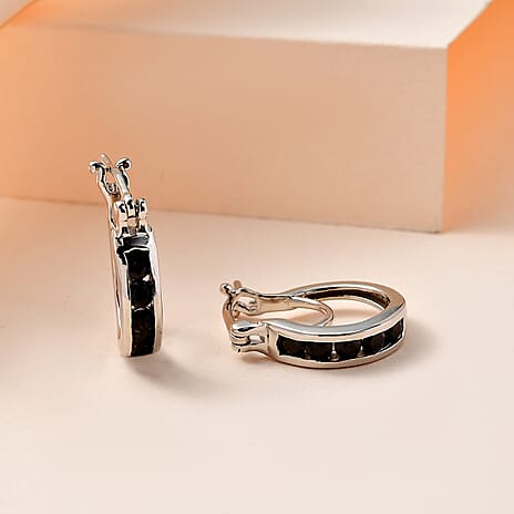 Boi Ploi Black Spinel Hoop Earrings with Clasp in Platinum Overlay Sterling Silver 0.95 Ct.