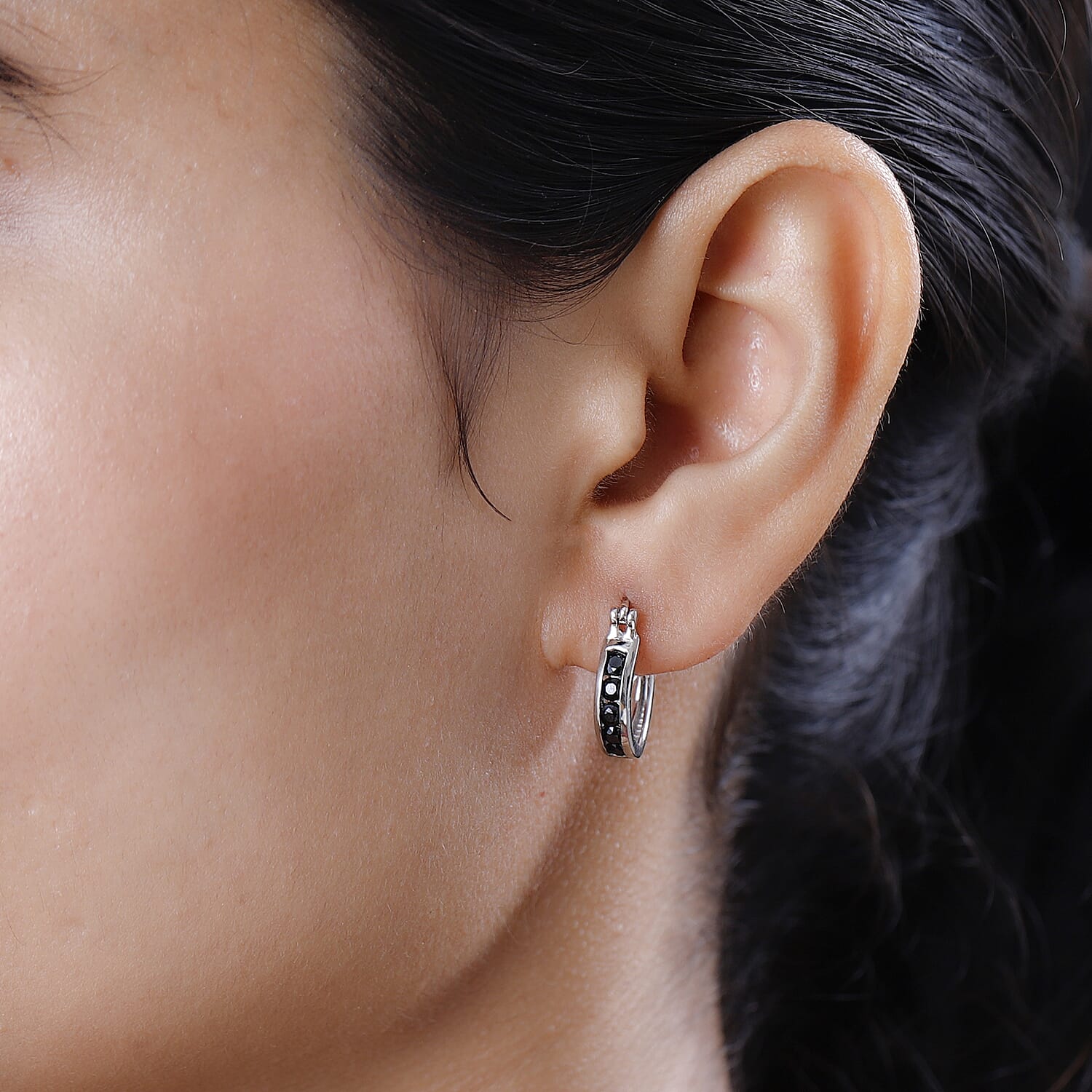 Boi Ploi Black Spinel Hoop Earrings with Clasp in Platinum Overlay Sterling Silver 0.95 Ct.