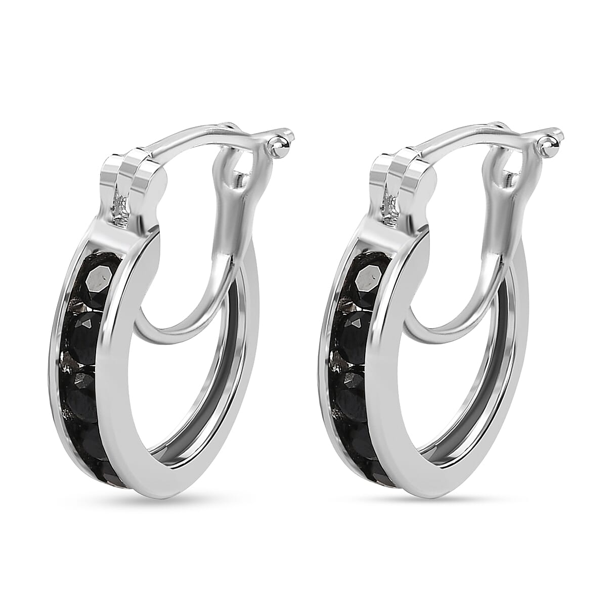 Boi Ploi Black Spinel Hoop Earrings with Clasp in Platinum Overlay Sterling Silver 0.95 Ct.