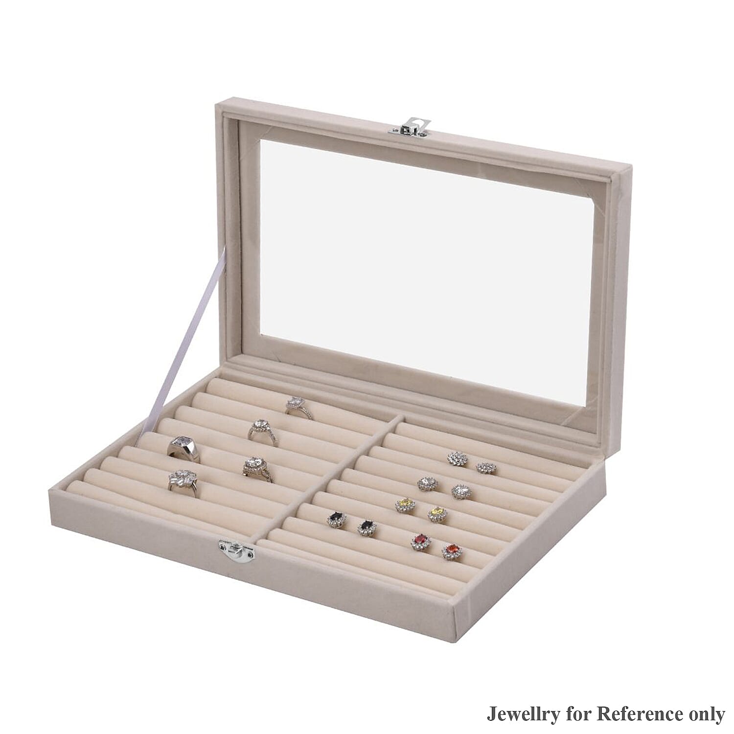 Portable Velvet Ring Box with Glass Window (Half Big & Small Ring Rows) (Size - 29x18x4 cm) - Cream