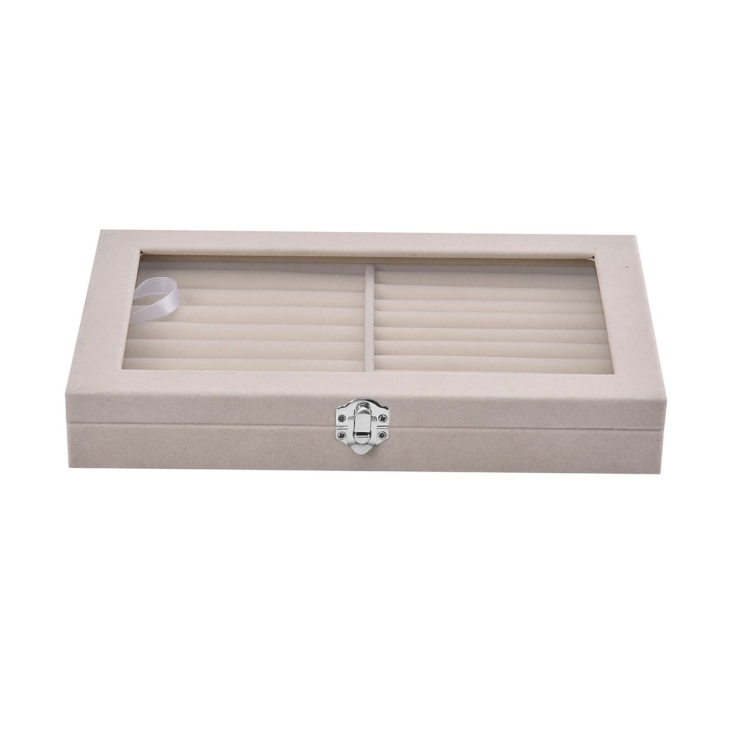 Portable Velvet Ring Box with Glass Window (Half Big & Small Ring Rows) (Size - 29x18x4 cm) - Cream