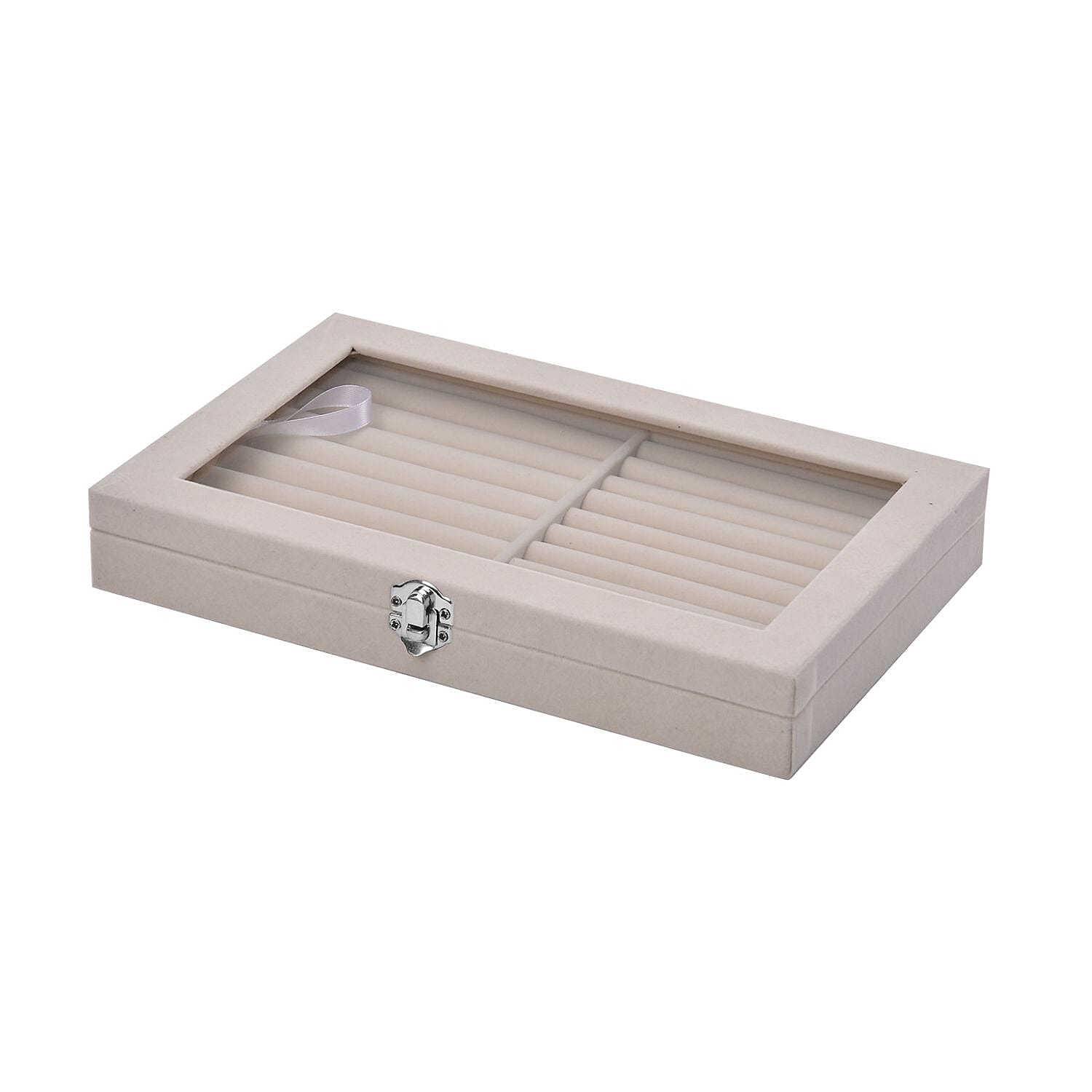 Portable Velvet Ring Box with Glass Window (Half Big & Small Ring Rows) (Size - 29x18x4 cm) - Cream