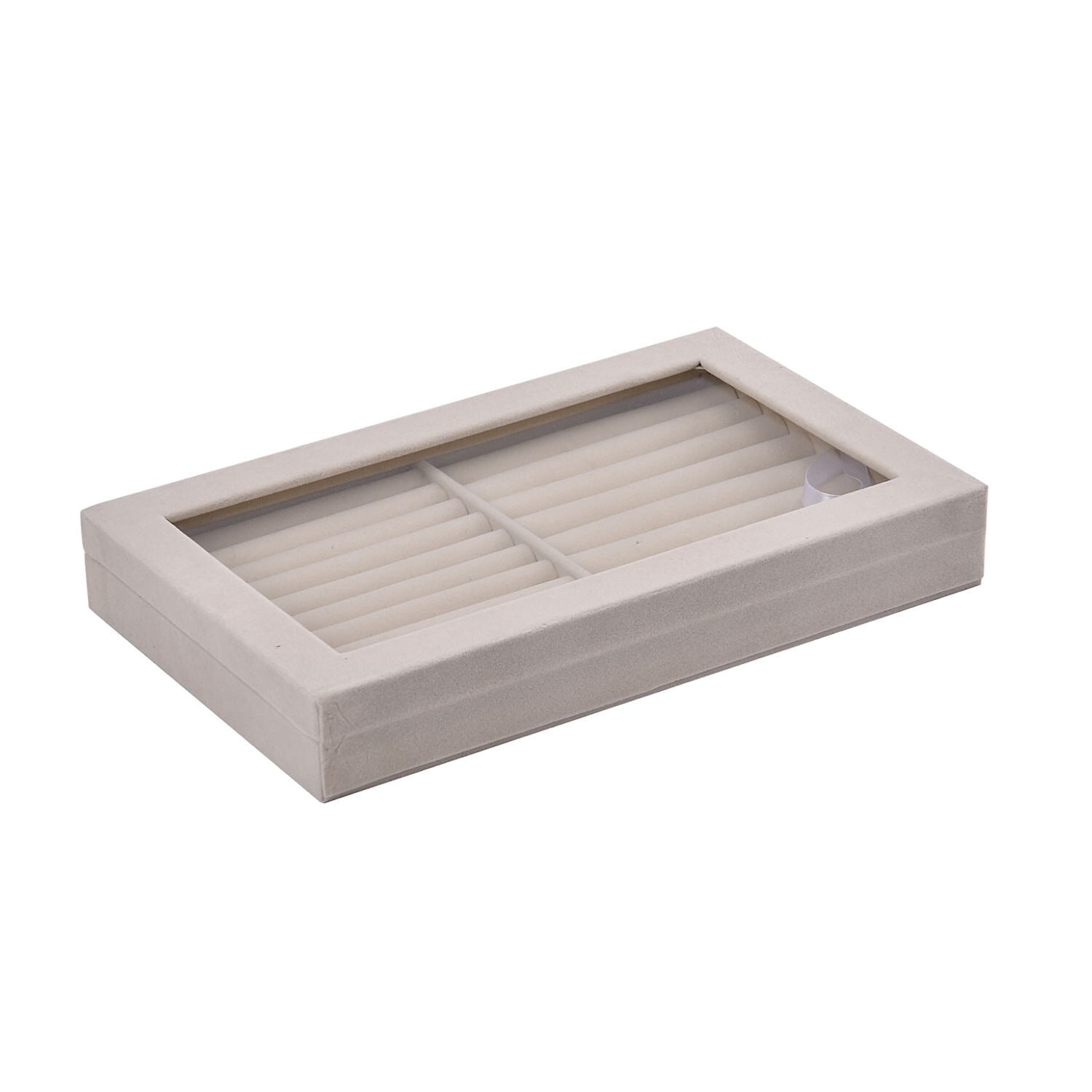 Portable Velvet Ring Box with Glass Window (Half Big & Small Ring Rows) (Size - 29x18x4 cm) - Cream