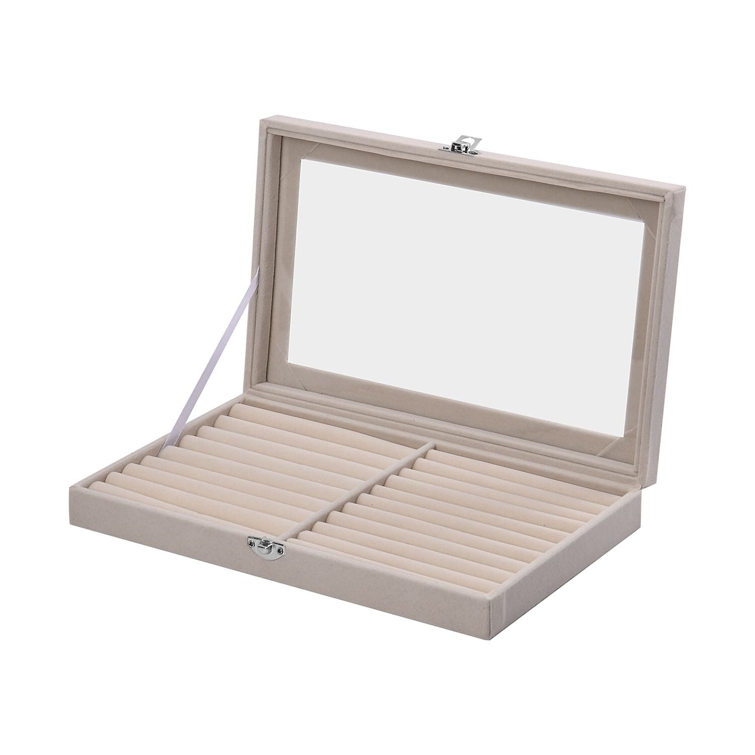 Portable Velvet Ring Box with Glass Window (Half Big & Small Ring Rows) (Size - 29x18x4 cm) - Cream