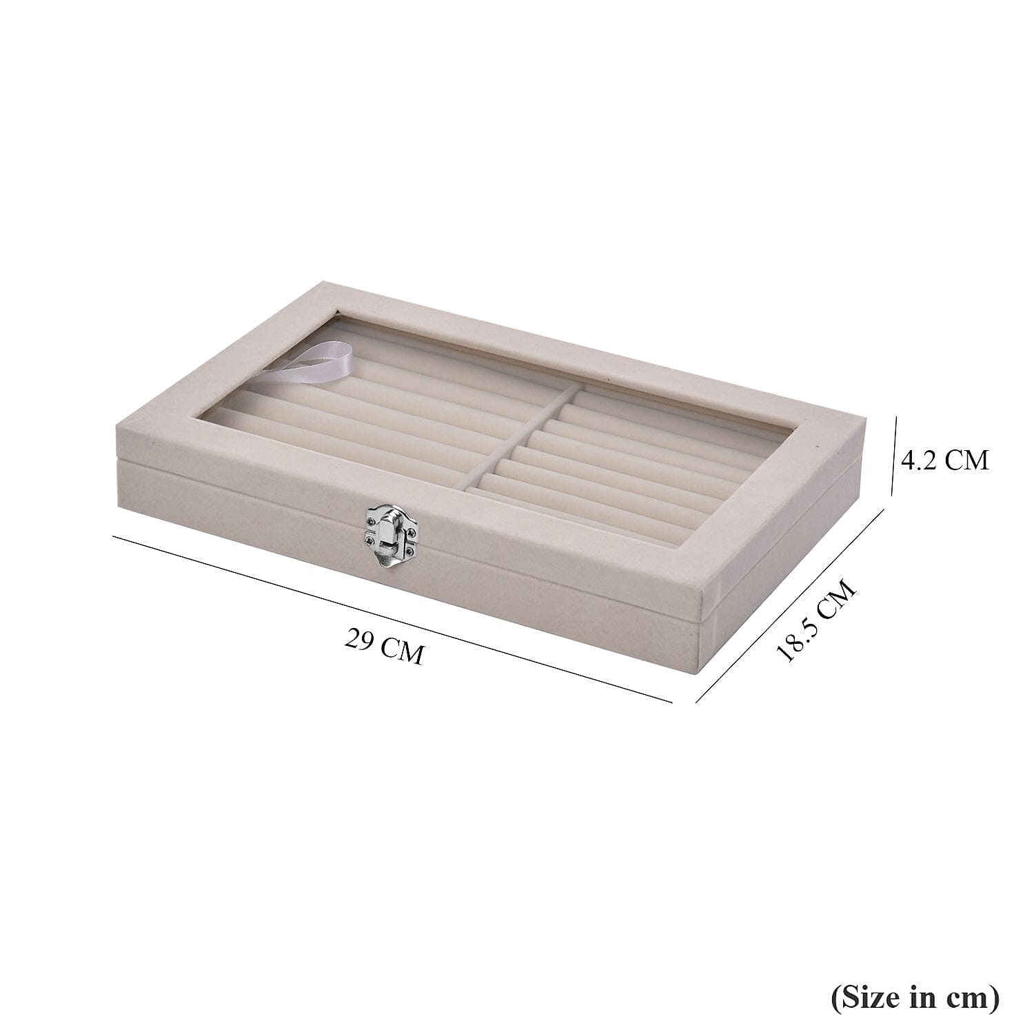 Portable Velvet Ring Box with Glass Window (Half Big & Small Ring Rows) (Size - 29x18x4 cm) - Cream