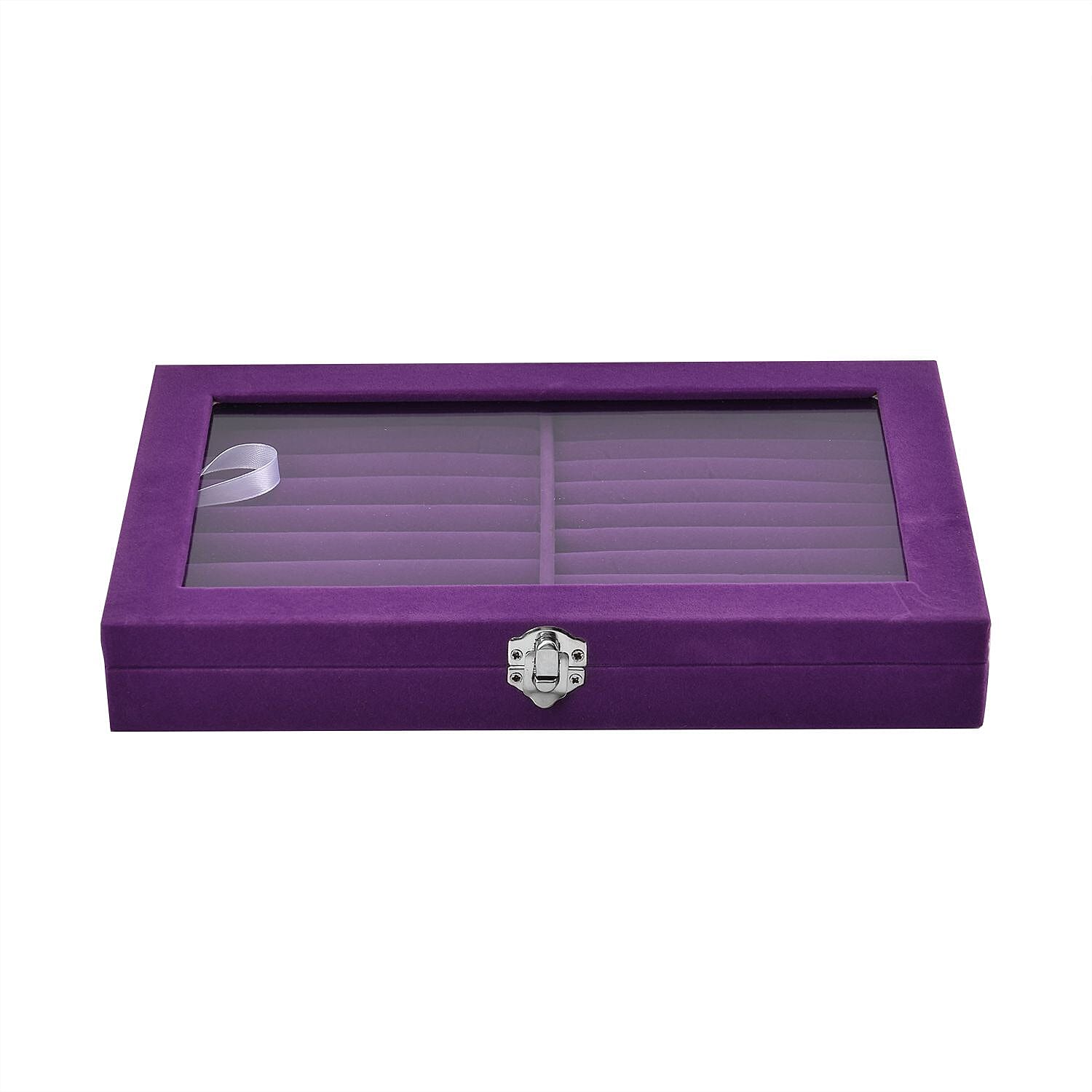 Portable Velvet Ring Box with Glass Window (Half Big & Small Ring Rows) (Size - 29x18x4 cm) - Purple