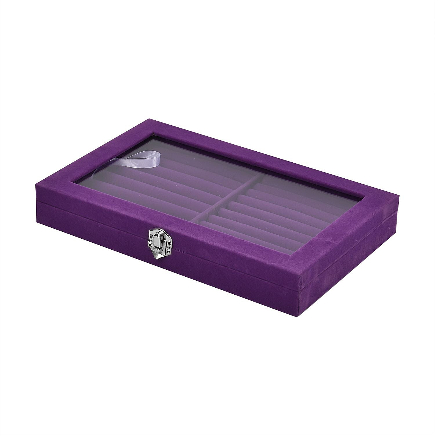 Portable Velvet Ring Box with Glass Window (Half Big & Small Ring Rows) (Size - 29x18x4 cm) - Purple