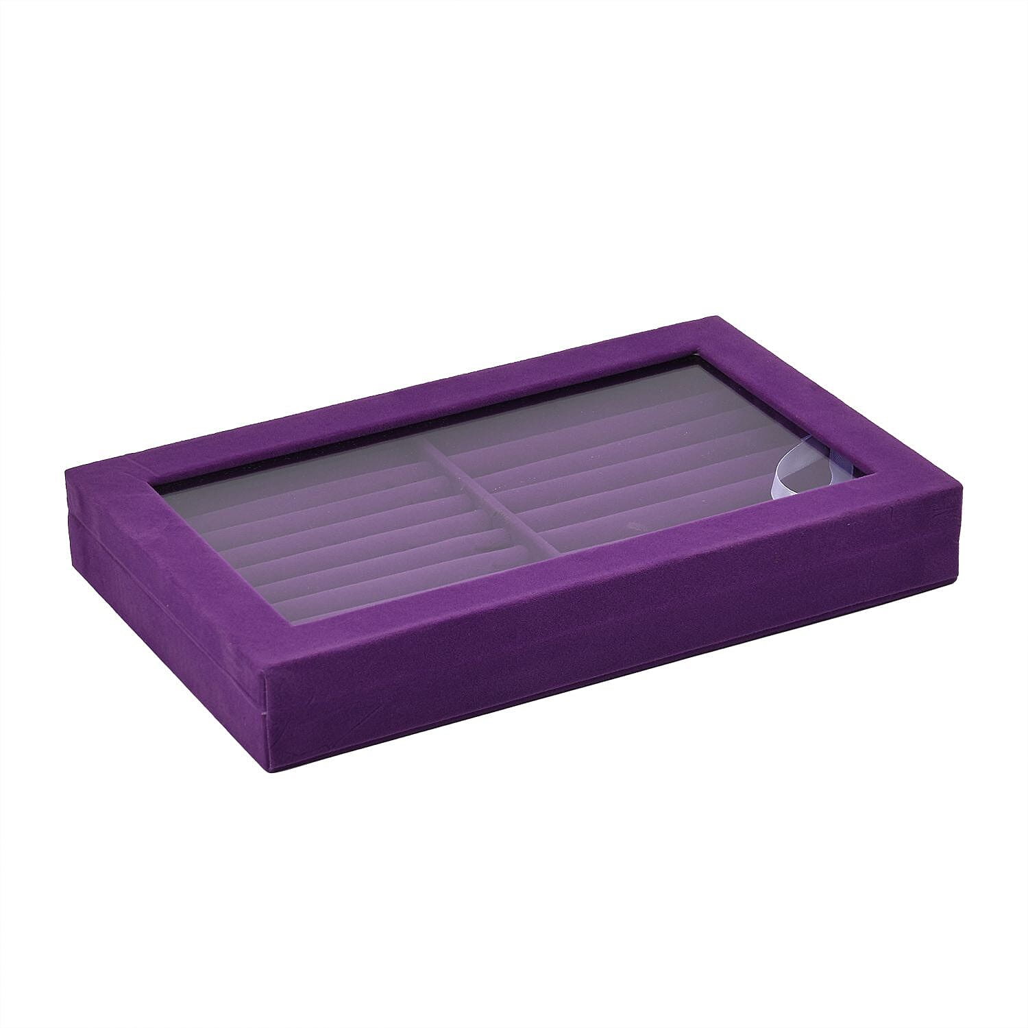 Portable Velvet Ring Box with Glass Window (Half Big & Small Ring Rows) (Size - 29x18x4 cm) - Purple